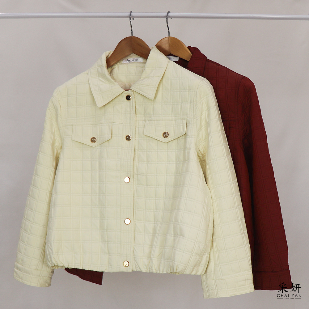 方紋假口袋薄鋪棉翻領長袖外套