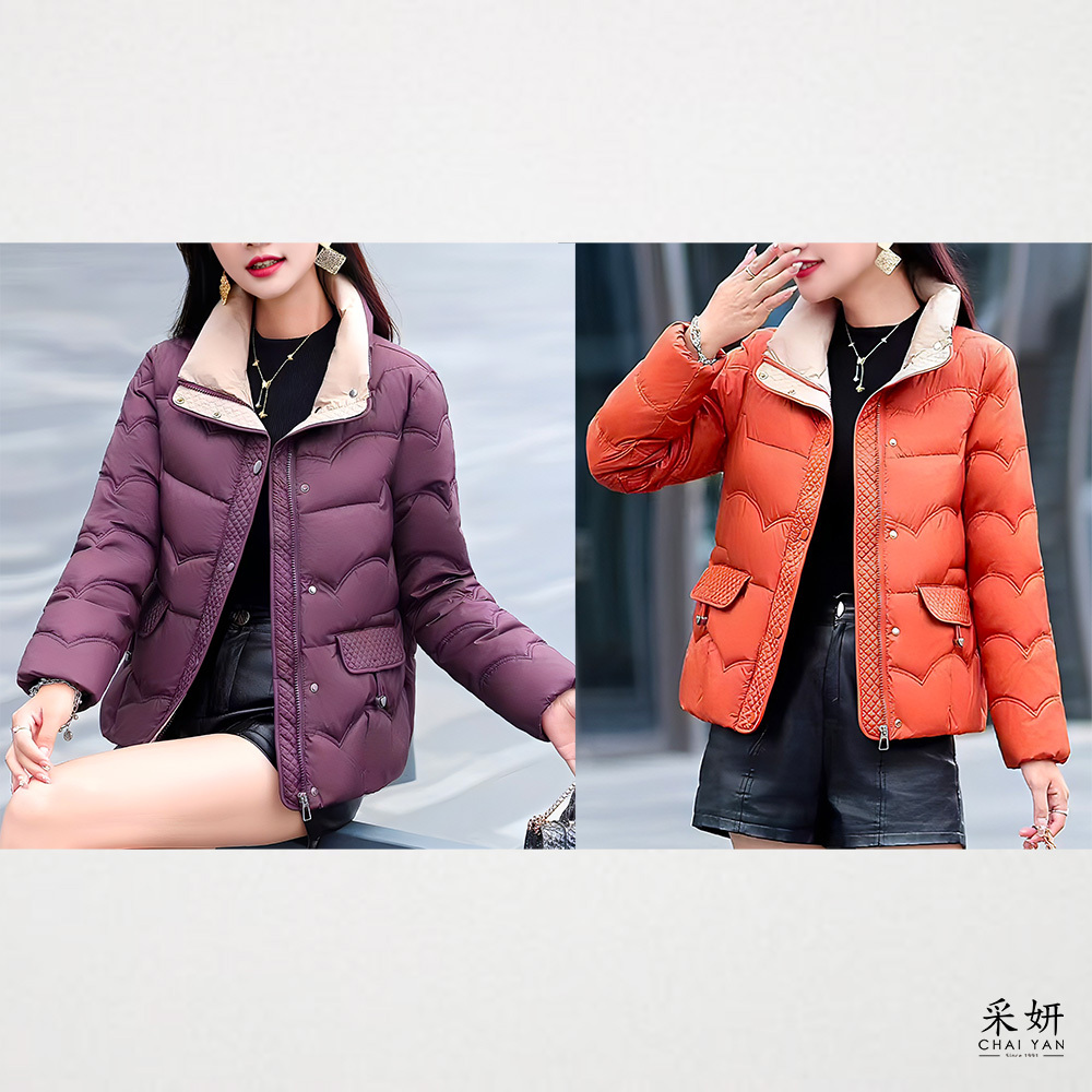 交叉縫線跳色半羽絨外套