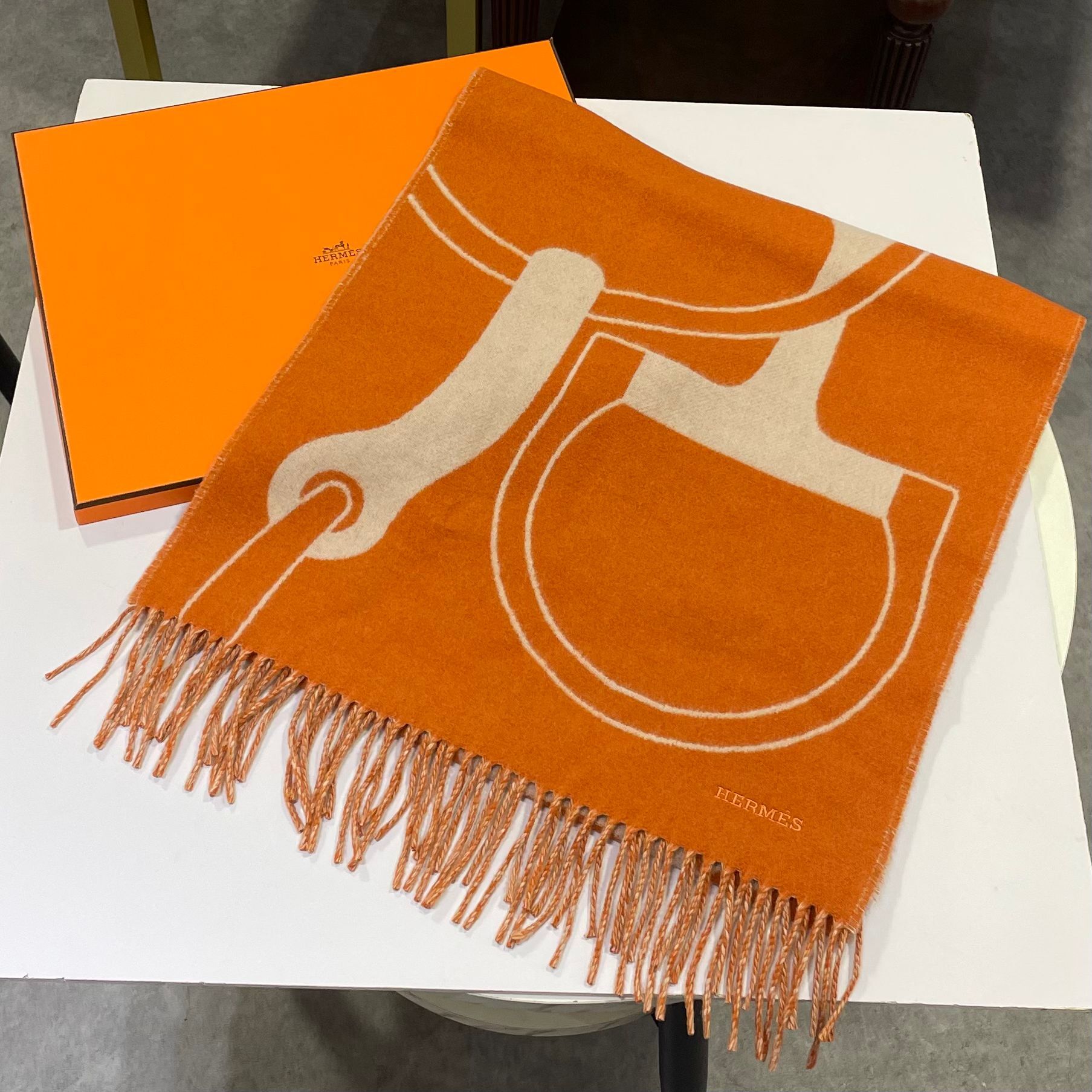 HERMES圍巾 40x170cm 橙色羊絨METAL EQUESTRE SCARF H394837T 02 #BRAND NEW #香榭站正品