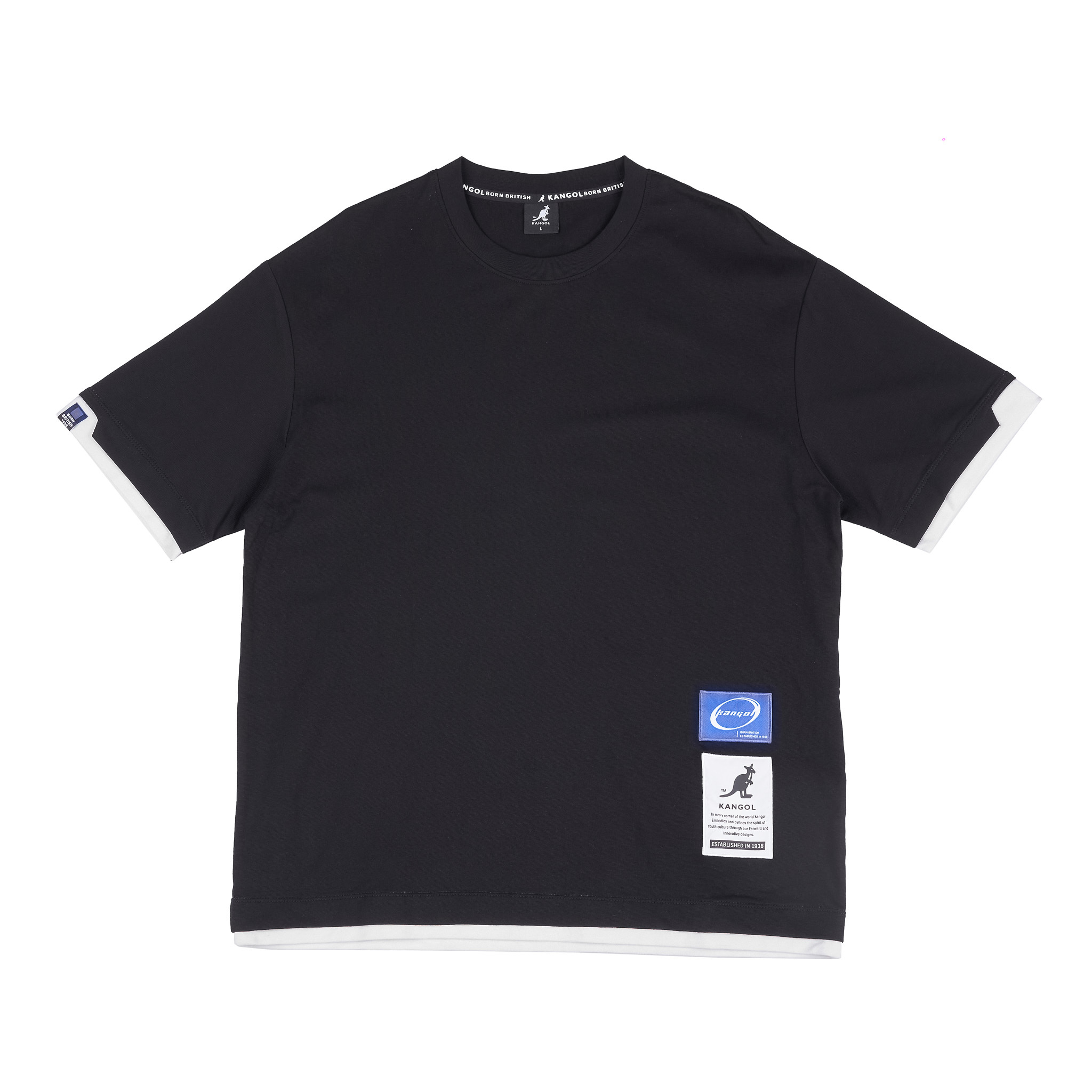 男女款 KANGOL TEE 黑色 英國 袋鼠 小LOGO 休閒 寬版 假兩件 短T【63251023】