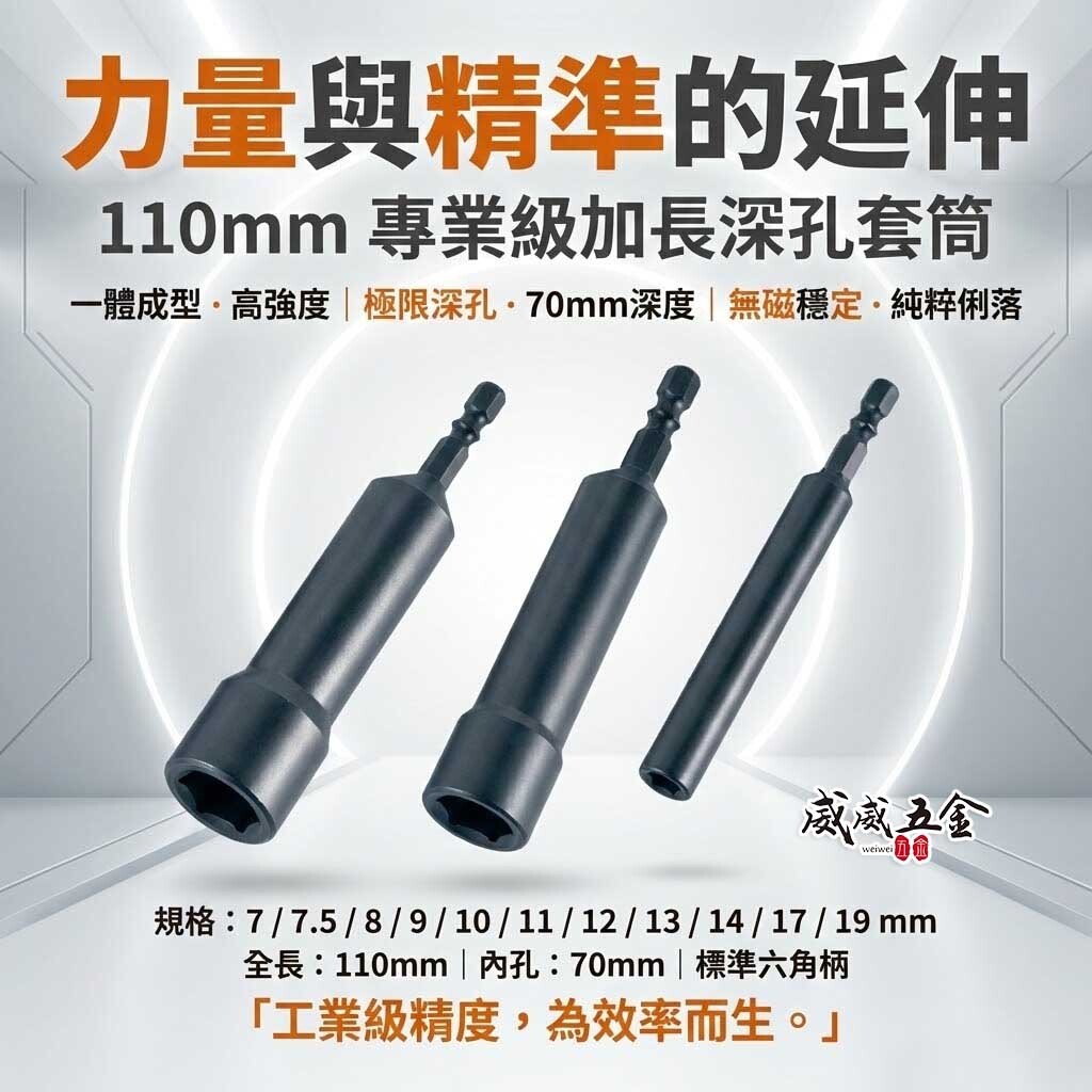 ETEAM 一等 台灣製｜零售 7-19mm 六角軸無磁深孔套筒 長110mm｜六角柄深孔套筒 六角套筒