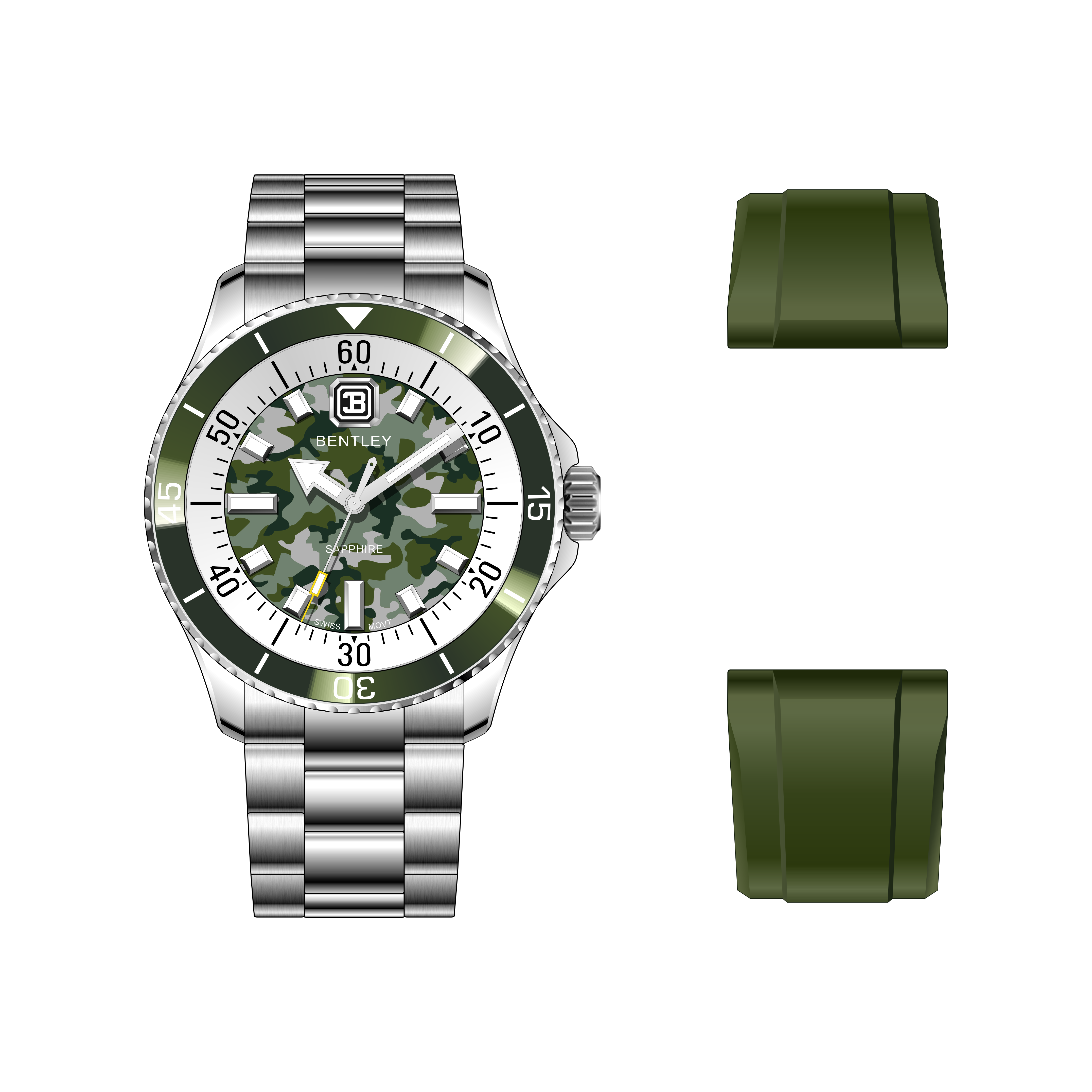 【BENTLEY 賓利】 THE AURORA曦光系列 BL-20 銀色 迷彩 不鏽鋼 夜光 水鬼款 瑞士石英 手錶(贈矽膠錶帶)