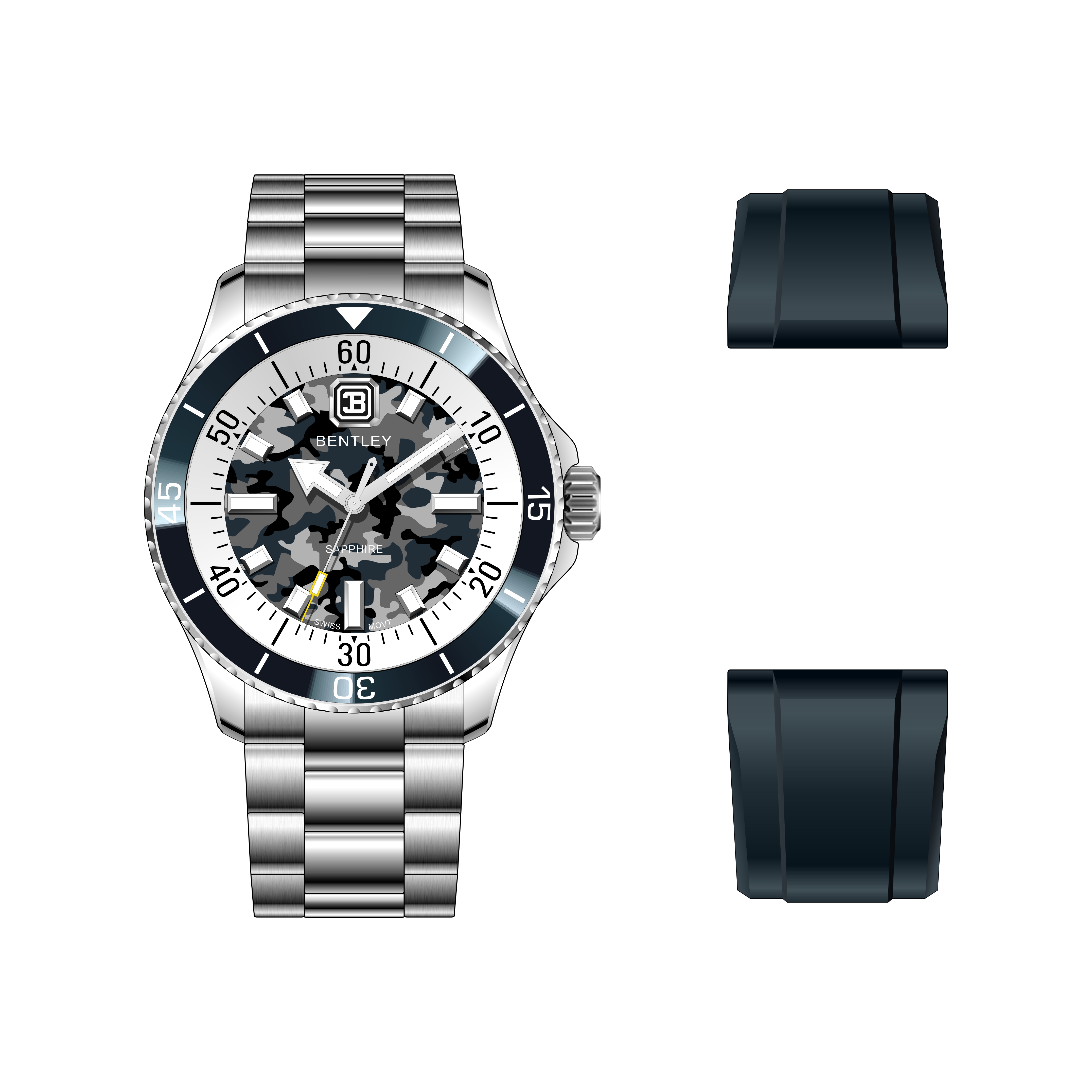 【BENTLEY 賓利】 THE AURORA曦光系列 BL-20 銀色 迷彩 不鏽鋼 夜光 水鬼款 瑞士石英 手錶(贈矽膠錶帶)