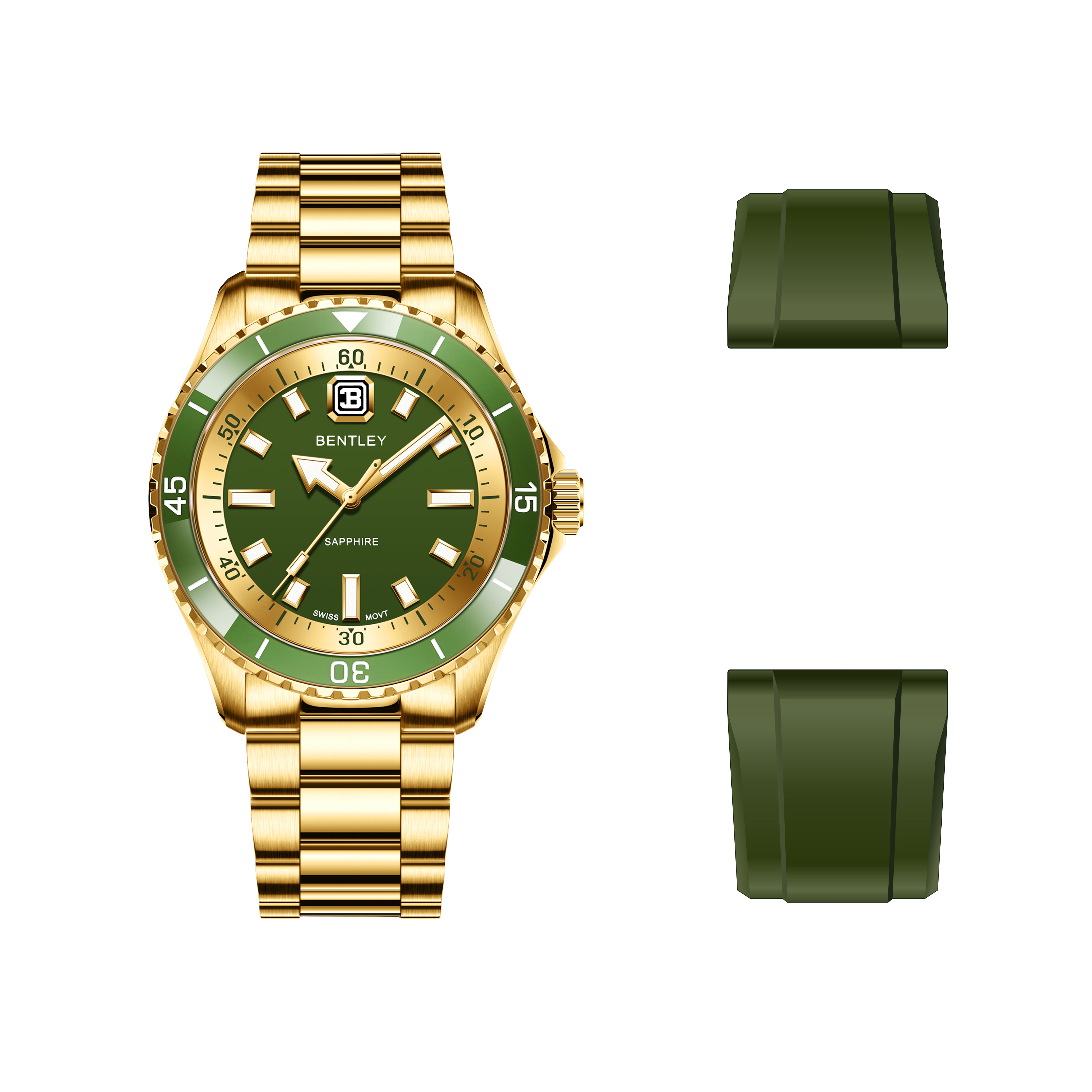 【BENTLEY 賓利】 THE AURORA曦光系列 BL-20 金色 玫瑰金  不鏽鋼 夜光 水鬼款 瑞士石英 手錶(贈矽膠錶帶)