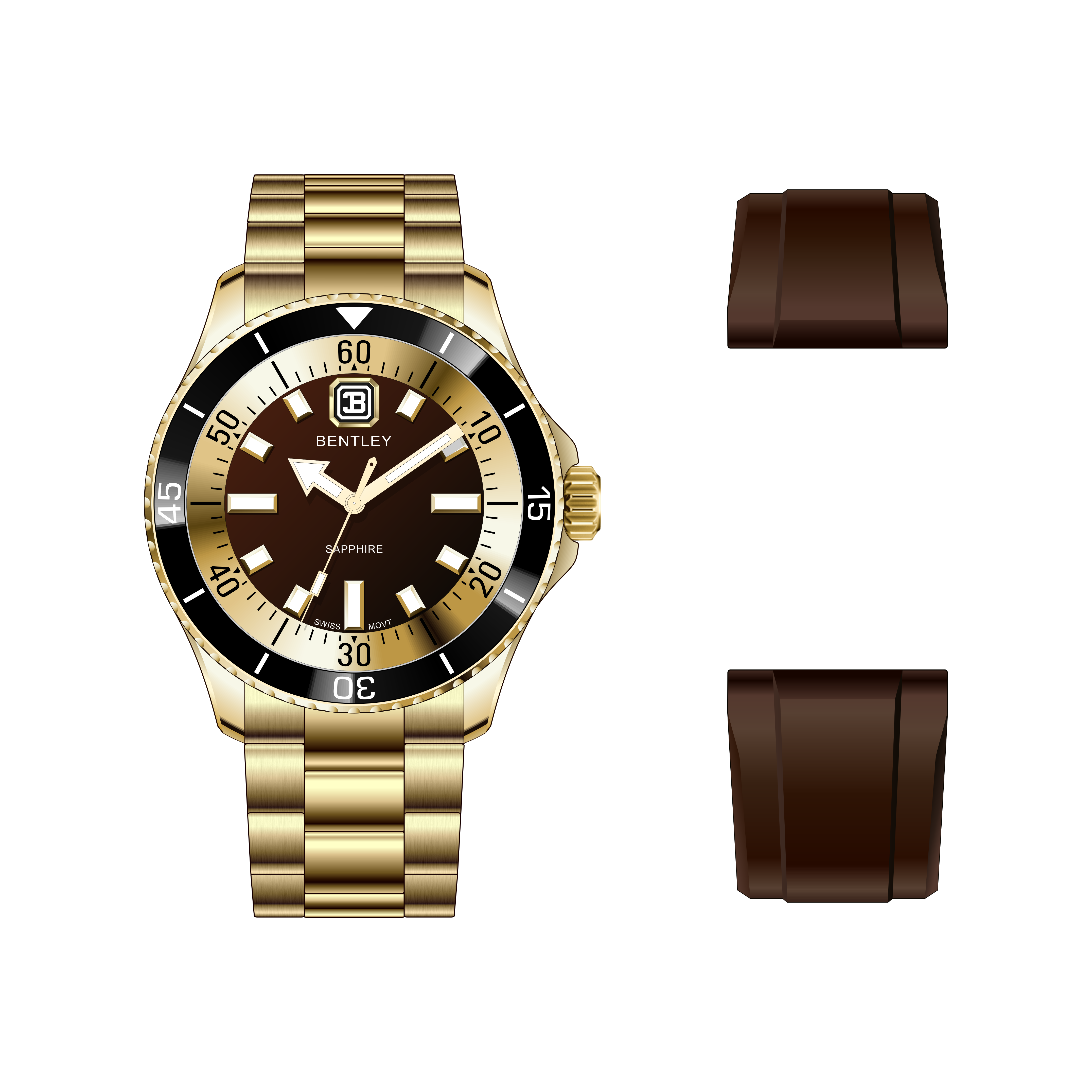 【BENTLEY 賓利】 THE AURORA曦光系列 BL-20 金色 玫瑰金  不鏽鋼 夜光 水鬼款 瑞士石英 手錶(贈矽膠錶帶)