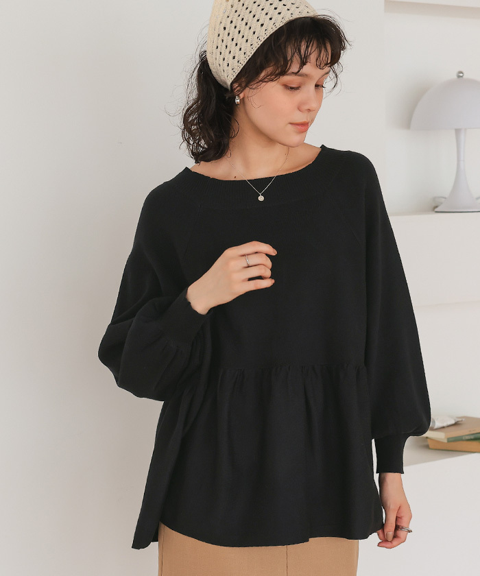 titivate オフショルダーペプラムニットトップス黑M（AGXT0484）