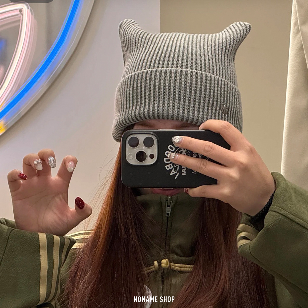 ADIDAS 韓系 保暖 針織 小LOGO 貓耳帽 兩色