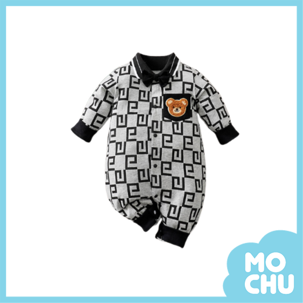 小熊漩渦翻領長袖連身衣