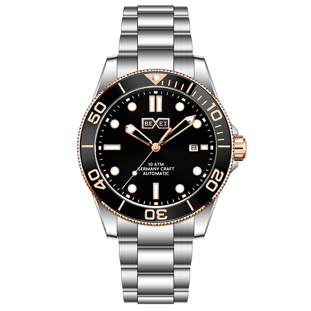 【BEXEI 貝克斯】9062 水鬼 防水系列 三針 夜光 日期顯示 銳利光感 不鏽鋼 自動機械錶 手錶