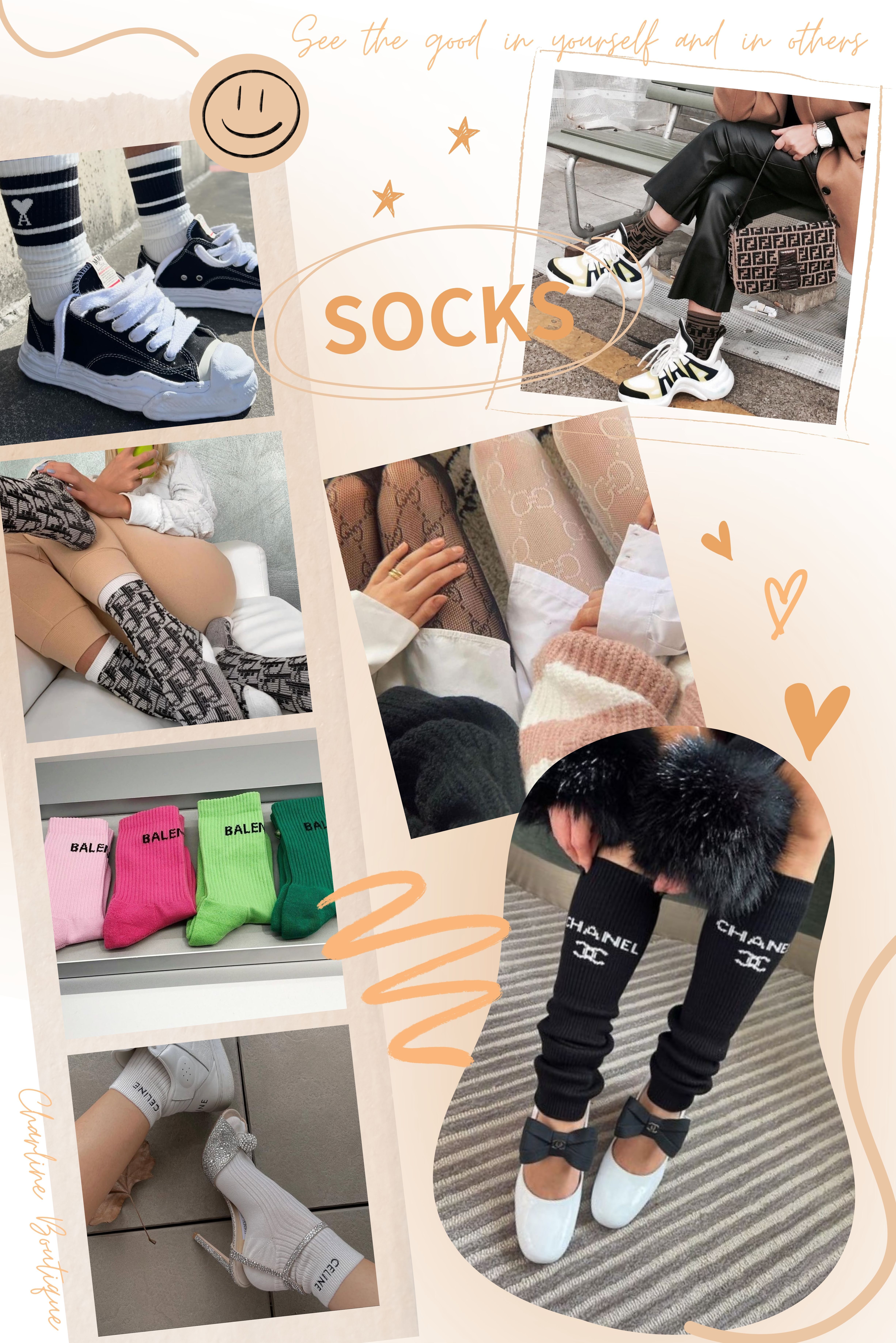 當襪子不再只是配角，而是成為整體穿搭中畫龍點睛的關鍵單品，從款式選擇、搭配方式到日常保養，其實每個細節都會影響穿起來的質感與耐用度。根據 Charline Boutique 的觀察與實際經驗，越來越多人在入手精品襪前，會擔心怎麼穿才好看、怎麼洗才耐穿等問題。以下我們便整理了最常被詢問的幾個問題，好讓您快速掌握精品襪的關鍵。  延伸閱讀：精品襪Q&A  Q1：第一次買名牌襪子推薦哪款？ A： 如果您是第一次買名牌襪子，最不容易出錯、也最值得投資的，其實就是「白底＋品牌 Logo 的中筒襪」。根據 Charline Boutique 的經驗分享，這類襪款幾乎不挑鞋、不挑風格，無論是搭球鞋、樂福鞋或短靴，都能自然融入日常穿搭。對新手來說，比起花紋複雜或顏色強烈的款式，白底 Logo 襪更耐看、實穿度也更高。實際穿搭後也會發現，只要襪口露出品牌 Logo，整體造型的完成度就會明顯提升，這也是為什麼白底品牌襪會成為多數人入手名牌襪的第一選擇。    Q2：想搭配球鞋，哪些精品襪最適合？ A： 根據 Charline Boutique 的收藏與市場經驗，在搭配球鞋時，最不容易出錯的精品襪款，會以簡約素色、質感中筒襪為主，例如白色、灰色，或是帶有低調 Logo、細條紋設計的款式。這類襪子能讓整體造型乾淨俐落，同時保有層次感，又不會過度搶走球鞋的焦點。  精選精品襪款式＆球鞋搭配建議  經典白襪（White Socks）： 百搭王者，最能凸顯球鞋細節，營造復古、減齡的學生感，也能為極簡穿搭增加層次。可選無 Logo 或小 Logo 設計，避免過厚。  中筒／長筒素色襪（Crew / Mid-Calf Socks）：灰色、黑色、深藍色等低調色系，羅紋或針織材質更有質感。  設計感 Logo／圖案襪（Logo / Patterned Socks）： 低調奢華的點綴，能在簡單穿搭中展現品味。例如：Gucci 條紋、Fendi FF Logo，或簡約撞色設計，材質以輕薄為佳。    Q3：精品襪男女都可以穿嗎？尺寸會不會有限制？ A： 以 Charline Boutique 的經驗是，多數精品襪本身就是中性設計，加上襪子具有彈性，只要尺寸選對，基本上男女都可以穿，不需要太被「男襪、女襪」的標示限制，特別是歐洲品牌，對不同腳型的包容度相當高。實際選購時，建議以腳長為主要依據，而不是只看性別。一般常見的尺寸區分大約為：  女襪：約 22–24cm  男襪：約 25–27cm（部分品牌另有 28–30cm 加大尺寸）    Q4：除了襪子還流行什麼穿搭單品？  A：除了襪子之外，近年來其實還有不少「小單品正在默默改變整體穿搭完成度」，而且它們都有一個共通點：單價相對可控，但存在感極高。以下這幾樣，就是目前搜尋熱度高、也最常被拿來和精品襪一起搭配的流行單品。  帽子（棒球帽、老帽）：帽子早就不是遮陽而已，而是造型核心之一。Celine、AMI、Balenciaga 的 Logo 帽款，幾乎已經成為「懶人時尚」的標配，不用想穿搭，只要加一頂帽子，整體就會看起來更有型。  皮帶（Logo 低調款最熱門）：皮帶是最容易被忽略，但也最容易被注意到的細節。近年消費者更偏好「小 Logo、不誇張」的精品皮帶，像是 Celine、Loewe、Saint Laurent，搭牛仔褲或西裝褲都非常加分。  太陽眼鏡：Chanel、Celine、Gentle Monster 聯名款、Balenciaga 的造型墨鏡，是搜尋與詢問度都非常高的單品，特別適合搭配簡單穿搭。  首飾（項鍊、戒指、耳環）：即使穿搭再簡單，只要加上一條項鍊或一副耳環，整體就會立刻升級，尤其是偏中性或極簡風格的人，更需要首飾來補完整度。  鞋帶、吊飾、包掛 ：這類「微改造單品」正在快速流行，越來越多人會透過鞋帶、包掛、鑰匙圈來打造個人風格，像是 Prada、Miu Miu、Balenciaga 的吊飾，都成為搜尋量快速成長的關鍵字。    Q5：絲襪、短襪、中筒襪、長筒襪怎麼分？差在哪？  A：絲襪、短襪、中筒襪、長筒襪主要靠長度區分，絲襪是腰部到腳的連身襪，通常薄透；短襪只到腳踝或腳背以下；中筒襪到小腿肚或膝蓋附近；長筒襪則能延伸到膝蓋以上，甚至大腿，材質多樣，用途和風格也各不相同。 分類與差異  絲襪 (Pantyhose/Tights)： 像褲子一樣從腰部連到腳尖的襪子，包覆全身，通常是薄透的尼龍、彈性纖維製成，材質多變（如尼龍、羊毛混紡、棉質等）。  短襪 (Ankle Socks/No-show Socks)：長度最短的襪子，包覆腳部，大多只到腳踝或腳踝以下，穿鞋後幾乎看不見。  中筒襪 (Crew Socks/Mid-calf Socks)：長度介於短襪與長筒襪之間，通常到小腿肚上方或接近膝蓋。  長筒襪 (Knee-high Socks/Thigh-high Socks/Stockings)：長度延伸至膝蓋以上，可達大腿（過膝襪）或更高。    Q6：精品襪子怎麼穿搭？  A：精品襪子穿搭的關鍵，其實就在於「呼應鞋款風格、營造剛剛好的亮點」。襪子不是主角，而是負責把鞋子、褲子、腿部比例「接起來」的重要銜接單品。根據 Charline Boutique 親身觀察，真正穿得好看的人，通常都會同時考慮 鞋款風格、腿型條件與整體配色，而不是只單看襪子本身。  依「鞋款風格」搭配精品襪：  🔹球鞋／運動鞋搭配中筒或短襪，素色、條紋或 Logo 款。 🔹樂福鞋／德比鞋搭配條紋襪、拼接襪、復古 Logo 襪。 🔹高跟鞋／涼鞋搭配網襪、蕾絲襪、薄紗襪、透膚襪。  🔹拖鞋／勃肯鞋／Crocs搭配羅紋羊毛襪、長襪。  依「腿型與個人風格」選襪子：  🔹 想修飾比例（小腿偏粗）選擇：短襪、鬆口或木耳邊襪。  🔹 想顯腿長或展現個性選擇：大圖案、橫條紋、彩色襪。  🔹 打造造型亮點利用 Gucci、Fendi、Ami Paris 等品牌 Logo 襪點綴或選亮色、金蔥、撞色拼接款很多客人跟 Charline Boutique 分享過，一雙好襪子常常是整套穿搭最被稱讚的地方。    Q7：精品襪子會很貴嗎？大概多少錢？  A：精品襪子的價格範圍其實非常廣，從幾百元到上萬元台幣都有，關鍵差異不在於「是不是襪子」，而是在品牌定位、材質、設計與功能性。根據 Charline Boutique 觀察到 的市場狀況，襪子早就不只是消耗品，而是能清楚展現風格與品味的穿搭單品。  常見精品襪價格區間與範例  萬元以上：例如 Dior 經典棉質 Logo 襪，價格約 NT$10,500，屬於品牌價值與設計感並重的收藏級單品。  數千元：設計師品牌／聯名款像是 Balenciaga x Lamborghini 聯名襪，價格約 NT$4,980；一般 Balenciaga、Gucci、Fendi、Chanel 的襪款，多落在 NT$4,000～8,000 區間。  數百元～千元：潮流／機能品牌例如 Nike Elite 菁英襪，主打機能性與舒適度，適合運動或日常高頻穿搭。   Q8：除了 Gucci、Fendi，還有哪些老花襪可以選？  A：除了大家最熟悉的 Gucci、Fendi 之外，其實還有不少精品品牌都將自家的經典老花或標誌性圖騰延伸到襪子設計中，讓襪子不再只是配角，而是能直接展現品牌風格的小亮點。根據 Charline Boutique 觀察這幾年的趨勢，老花襪之所以受歡迎，在於它能用相對低調的方式，替整體穿搭增加辨識度與層次感，只要搭配得宜，就算是日常造型也能輕鬆駕馭。  老花品牌襪特色整理  Louis Vuitton（LV）：以 Monogram 老花為主，辨識度極高，風格偏奢華，適合搭配簡約球鞋或皮鞋，讓襪子成為造型亮點。  Dior（Oblique 老花）：滿版 Dior 字樣帶有復古與精緻感，特別適合學院風或法式穿搭，搭樂福鞋或低調球鞋都很加分。  Burberry：經典格紋設計，風格偏英倫紳士感，比滿版 Logo 更耐看，適合通勤或半正式造型。  Versace：巴洛克圖騰與 Medusa 元素視覺感強烈，華麗又個性，適合想讓襪子成為穿搭主角的人。  Celine（Triomphe 凱旋門）：老花設計低調細緻，不會過度張揚，適合不想太高調、但仍想保有品牌感的穿搭風格。    Q9：現在流行什麼樣款式的襪子  A：現在流行的襪子款式，以中筒襪與長筒襪為主流，重點放在「層次感與細節」，而不是誇張圖案。根據 Charline Boutique 觀察這幾年的趨勢，襪子不再只是基本配件，而是透過堆疊感、透膚材質或精緻設計細節（如蕾絲、小蝴蝶結），與運動鞋或樂福鞋搭配，讓整體穿搭看起來更完整、更有風格。在顏色選擇上，純色、素色依然是最百搭也最耐看的選擇，其中白色襪子強勢回歸時尚圈，不過關鍵在於「版型與搭配」，只要選對款式，就能避免顯得老氣，反而更清新、復古又有型。  目前最熱門的襪子款式與風格  中筒襪／長筒襪：襪長蓋過腳踝到小腿中段，是現在最主流的長度，能明顯增加穿搭層次感，特別適合搭配球鞋或樂福鞋。  堆疊感襪子：襪筒自然堆疊或微微捲起，讓腿部線條看起來更細，也讓造型多了一點隨性感，是近期很受歡迎的穿法。  透膚襪／網紗襪：輕薄透氣的材質，搭配細緻圖案或線條設計，能在不張揚的情況下增加精緻度，特別適合搭配樂福鞋、高跟鞋。  白色短襪（Crew Socks）：經典回歸，搭配球鞋、樂福鞋，甚至涼鞋或拖鞋都很合適，呈現清新或帶點復古的風格，是日常穿搭的安全牌。  甜美／Y2K 風襪款：亮色系、漸層、波浪邊、小蝴蝶結等設計，帶有千禧年風格，適合想讓穿搭多一點可愛或個性的族群。  運動感／復古風襪子：素色中筒襪搭配運動鞋或復古服飾，打造輕鬆又有型的休閒運動風，是男女都能駕馭的款式。    Q10：襪子要怎麼洗才不會變鬆、起毛球？ A：要讓襪子不鬆、不起毛球，重點在於減少摩擦、避免高溫。根據 Charline Boutique 的經驗分享，洗的時候記得先翻面、放入洗衣袋、使用柔洗模式並控制水溫低於 30°C，同時避免和牛仔褲、毛巾等粗糙衣物一起洗。晾曬時倒掛並夾在鬆緊帶處，避免拉扯鬆口，且不要使用烘乾機、避免長時間日曬，就能有效保護纖維彈性，讓襪子更耐穿、不易起毛球。