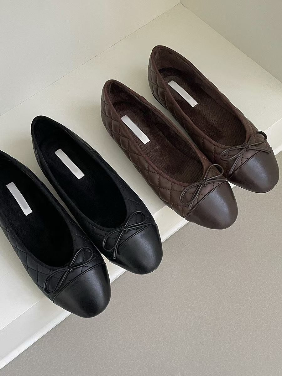 小香菱格紋拼接蝴蝶結圓頭平底娃娃鞋 / 2色