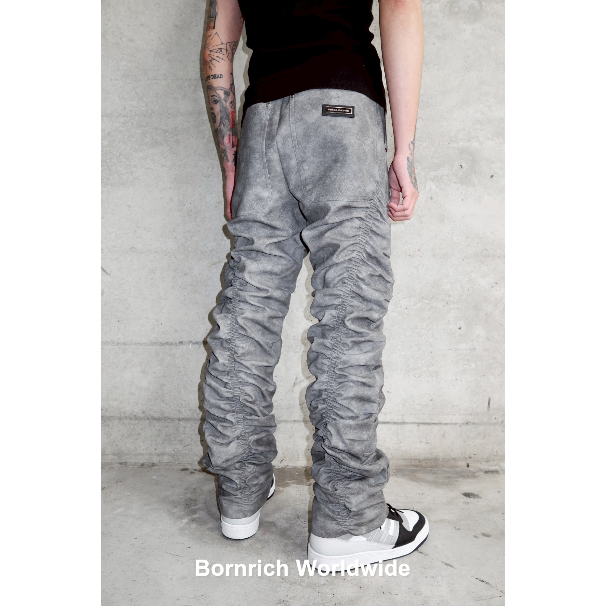 Bornrich 立體褶皺皮褲 (霧石灰)