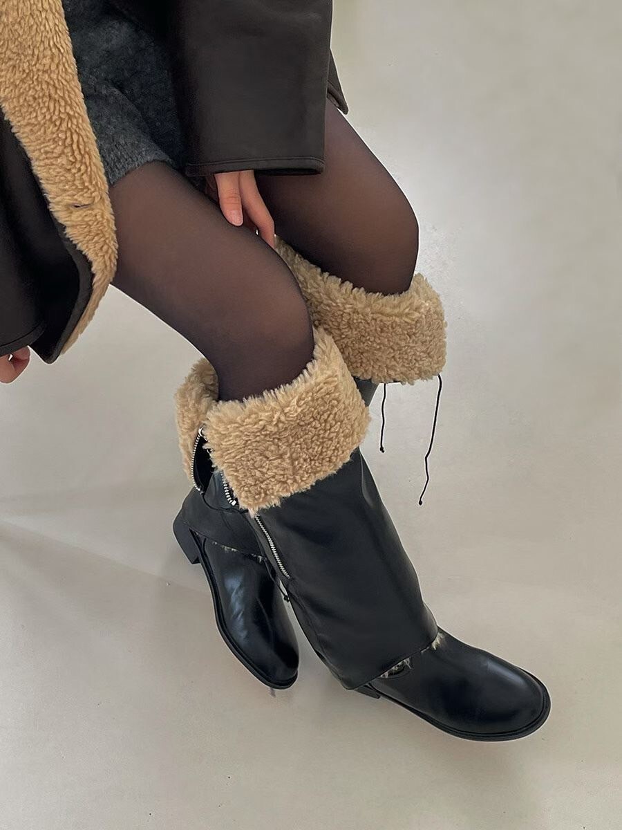 時髦感QQ毛/PU皮革假褲管造型襪套 / 2色