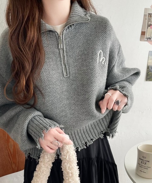 日本🇯🇵連線 Mily Bilet 破壞風刺繡半拉鍊針織衫 半拉鍊 短版 刺繡 針織 針織衫 套頭衫 長袖 3色(任買兩件711免運)/預購