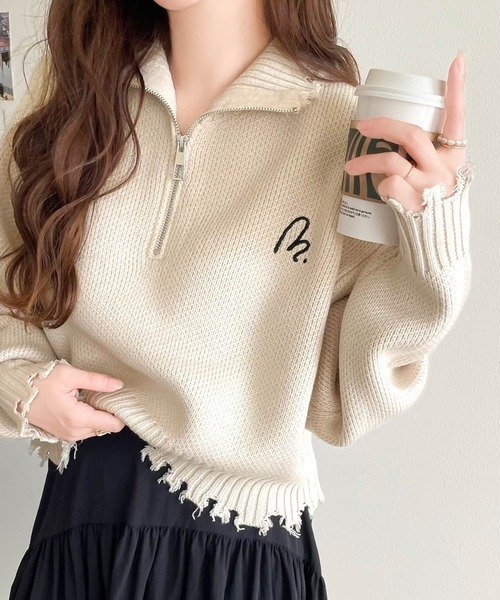 日本🇯🇵連線 Mily Bilet 破壞風刺繡半拉鍊針織衫 半拉鍊 短版 刺繡 針織 針織衫 套頭衫 長袖 3色(任買兩件711免運)/預購