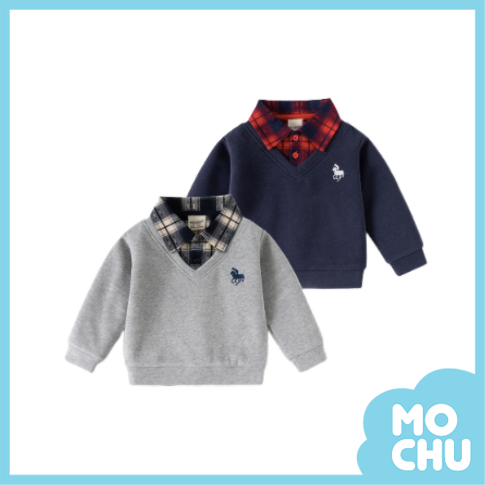 格紋襯衫領假兩件長袖上衣(二色)