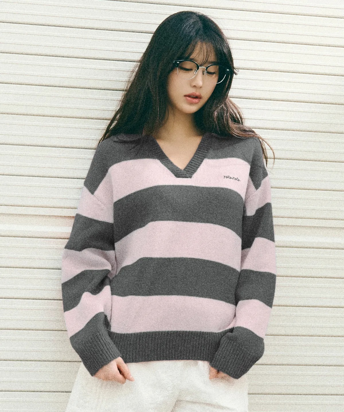 ROLAROLA WOOL BLENDED COLLAR STRIPE BOARDER KNIT