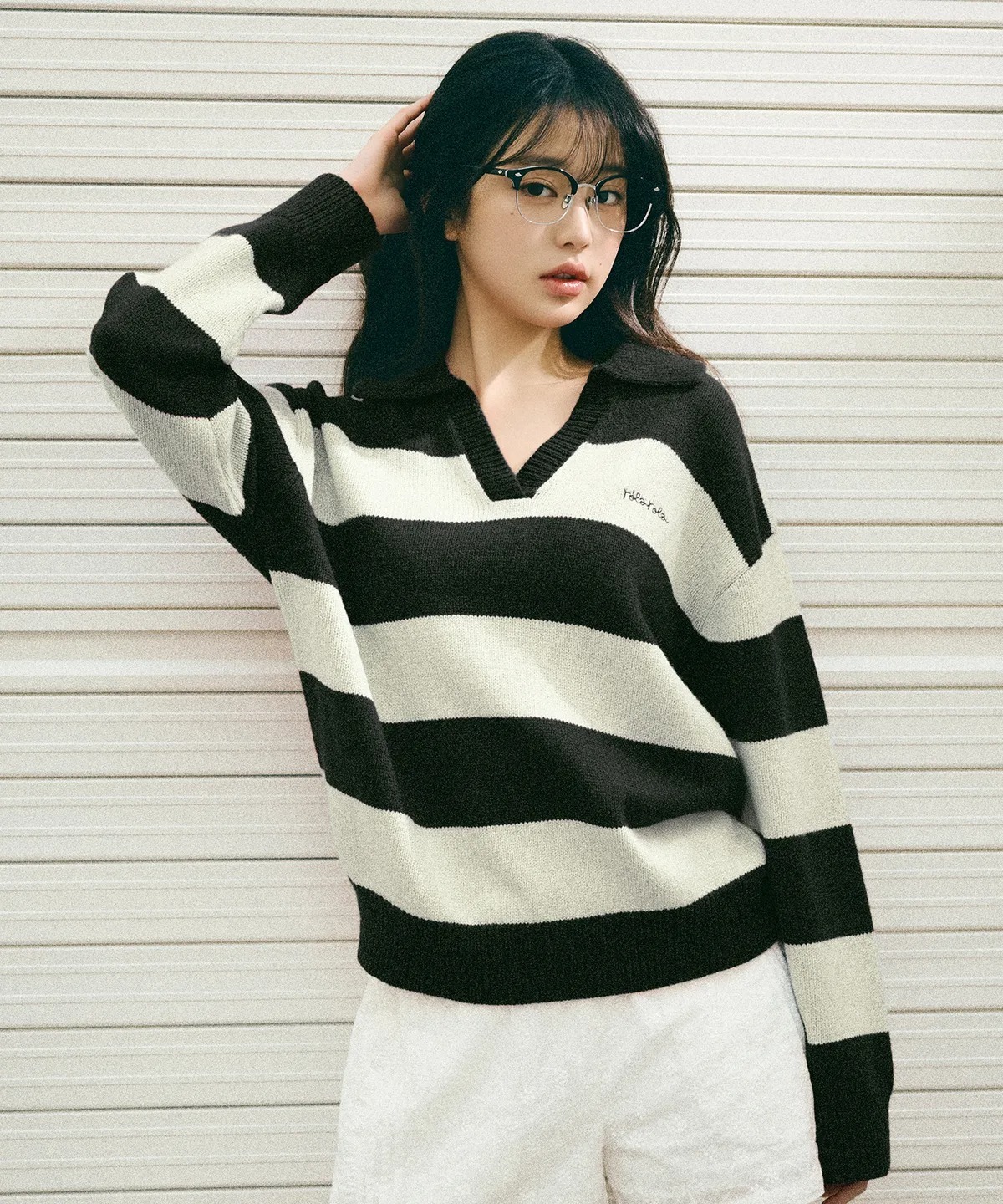 ROLAROLA WOOL BLENDED COLLAR STRIPE BOARDER KNIT