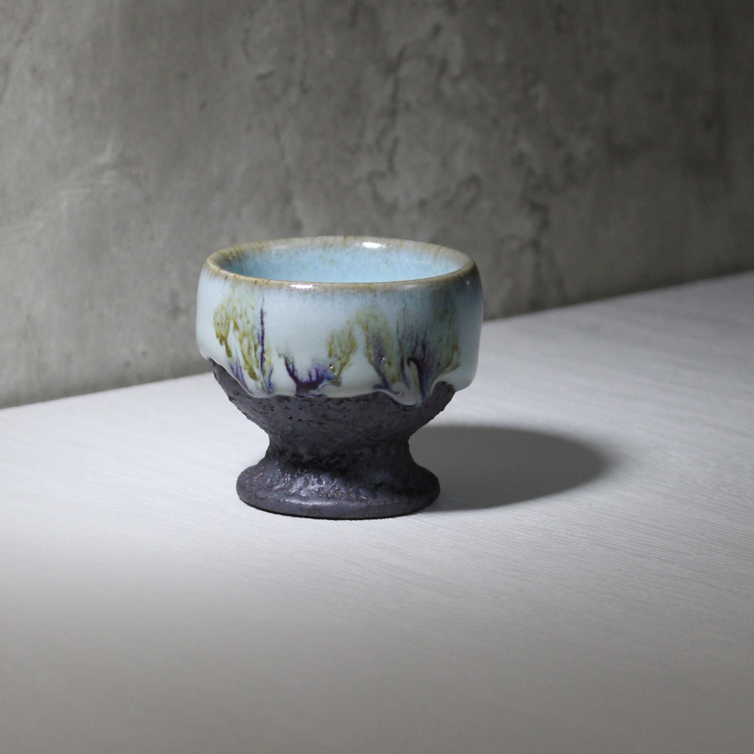 汝青飄釉銀礦高足杯