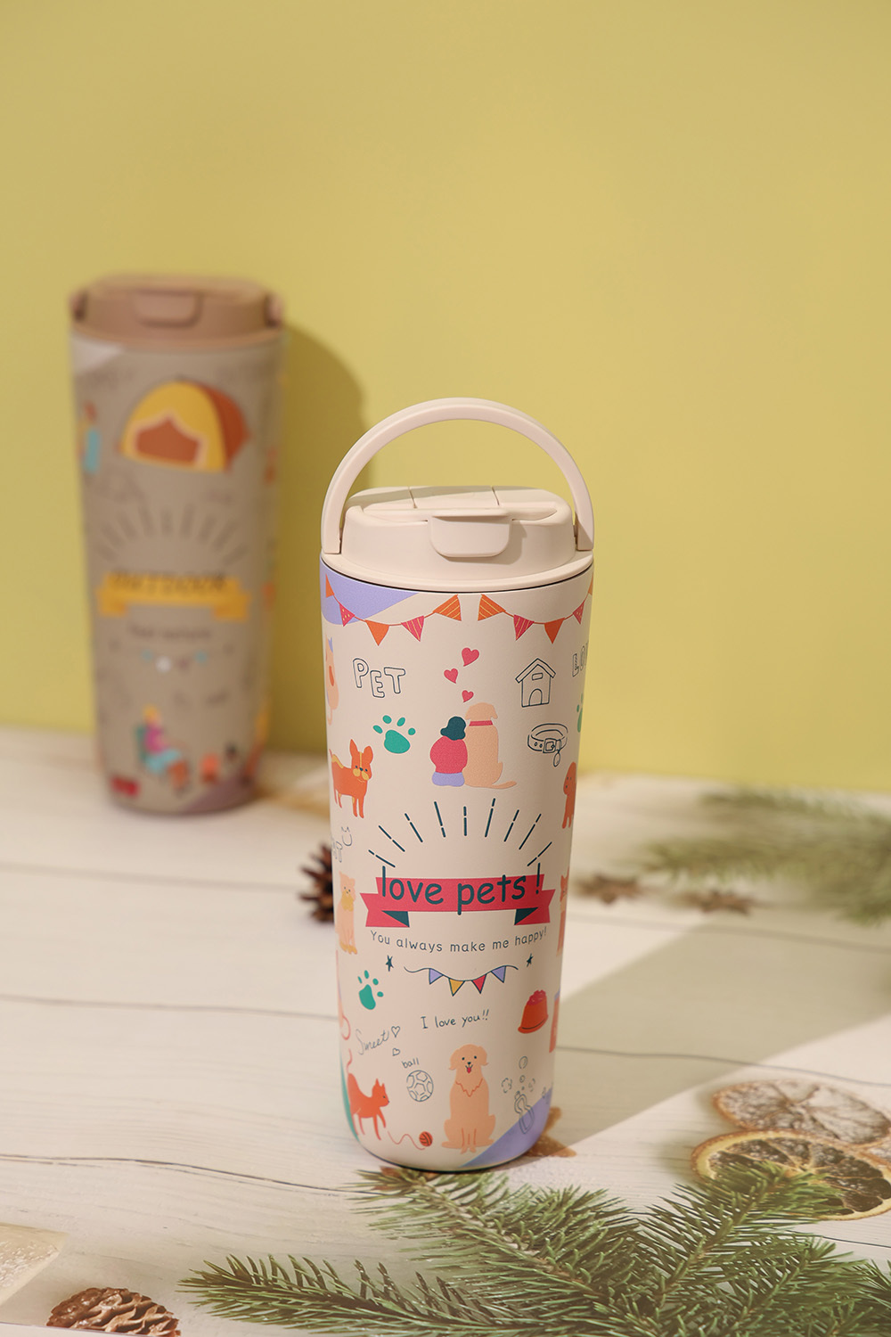 純鈦跳跳杯｜跳跳愛畫畫系列｜毛小孩貼貼Ｘ奶昔白蓋