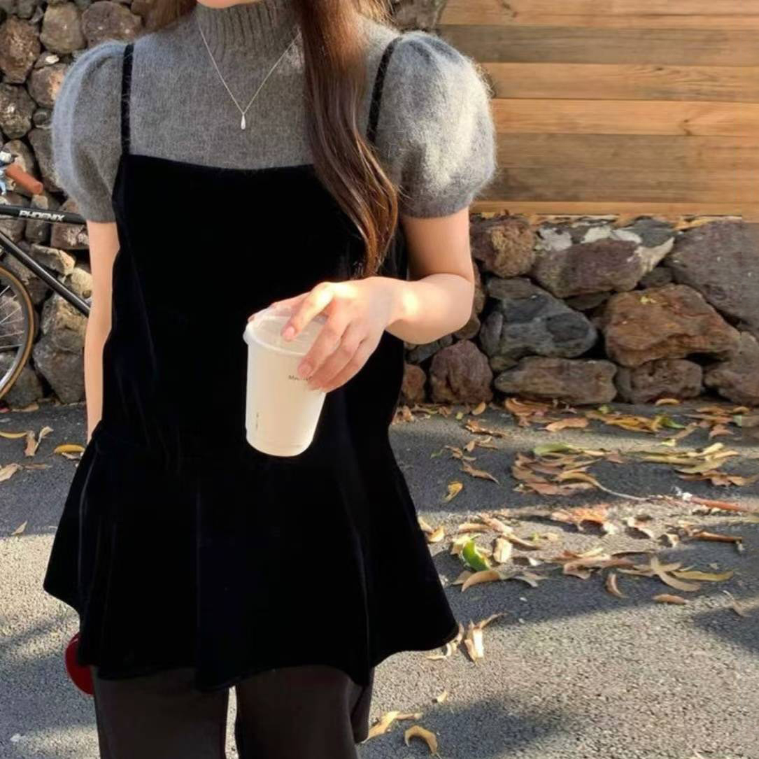 經典黑細肩帶荷葉裙襬後綁帶長版背心上衣