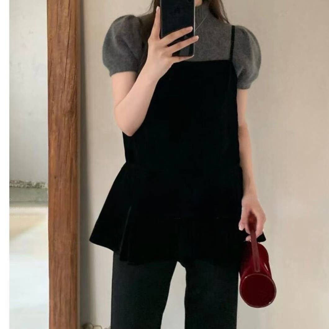 經典黑細肩帶荷葉裙襬後綁帶長版背心上衣