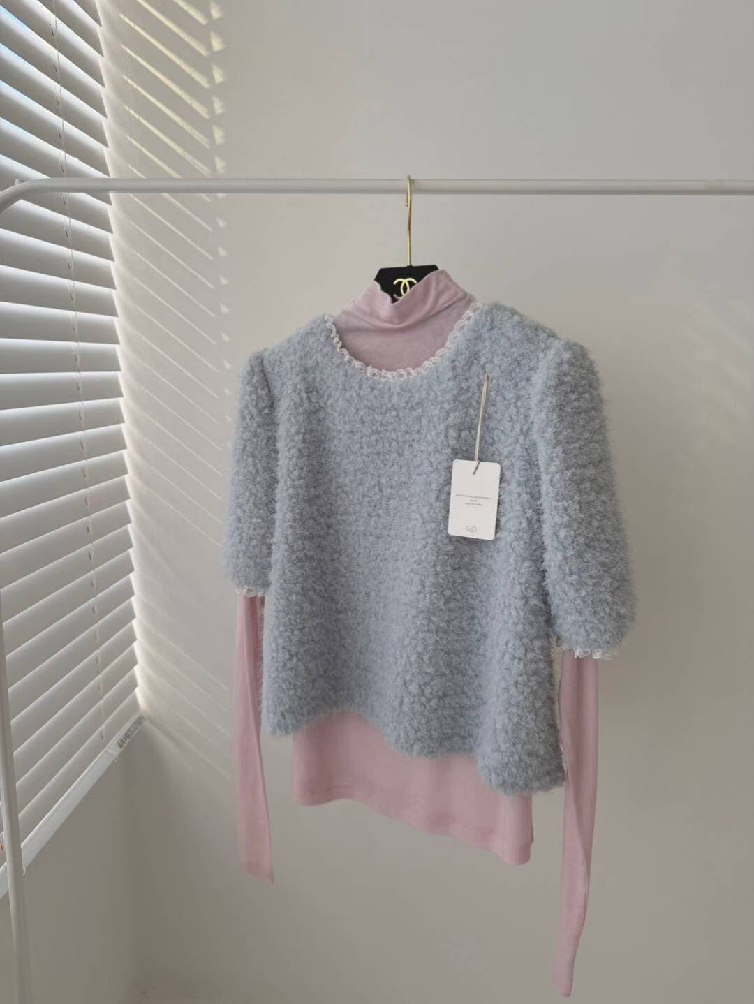 蕾絲滾邊泰迪熊QQ毛短袖圓領上衣 / 2色