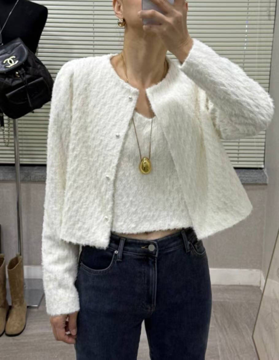 氣質織紋感圓領珍珠排釦外套+背心SET / 2色