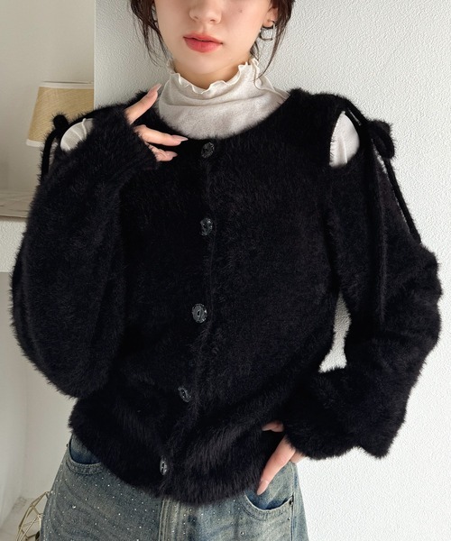 日本🇯🇵連線 Mily Bilet 肩帶鏤空蓬鬆針織開襟衫 針織 緞帶 綁帶 針織衫 開襟衫 鏤空 長袖 3色(任買兩件711免運)/預購