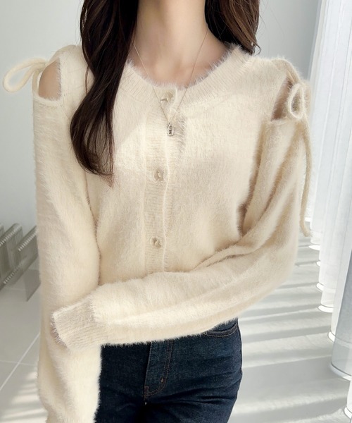 日本🇯🇵連線 Mily Bilet 肩帶鏤空蓬鬆針織開襟衫 針織 緞帶 綁帶 針織衫 開襟衫 鏤空 長袖 3色(任買兩件711免運)/預購