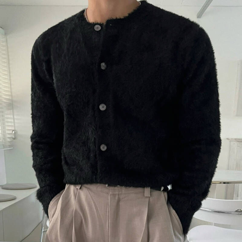 韓系毛茸茸短版針織開襟圓領襯衫外套