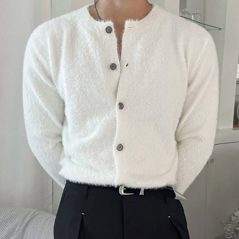 韓系毛茸茸短版針織開襟圓領襯衫外套