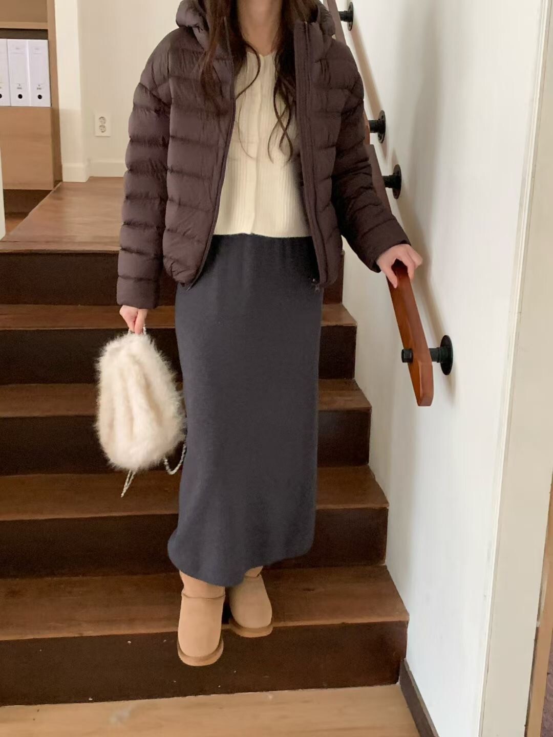 可愛連帽造型橫向壓紋鴨絨外套 / 2色