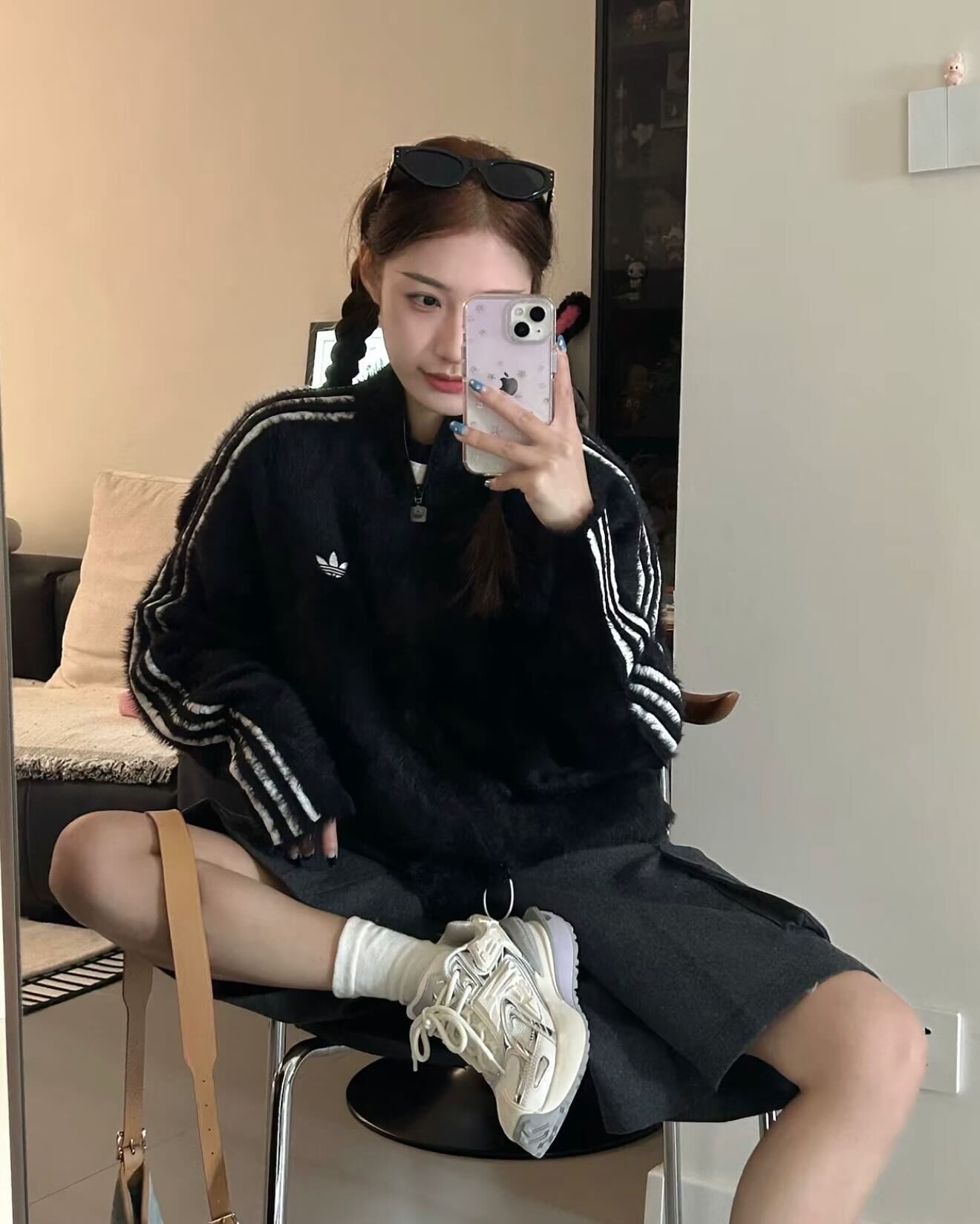 ADIDAS ORIGINALS  絨毛 保暖 三葉草 雙拉鍊外套 黑色 KR5145 奶油白 KR5152