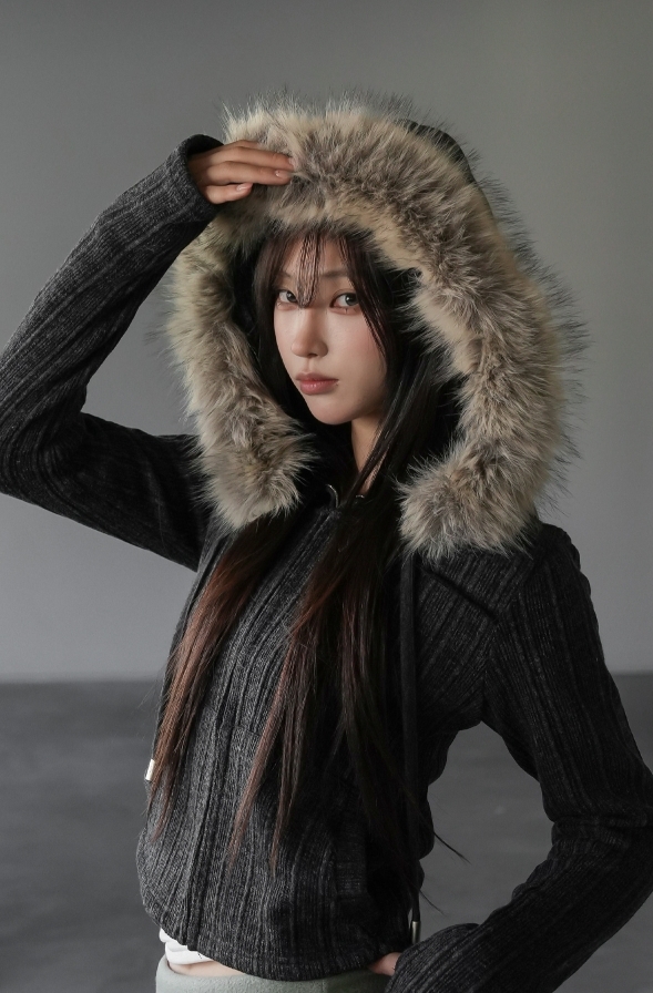 韓國 直紋理 柔軟 絨毛 指套 連帽 外套