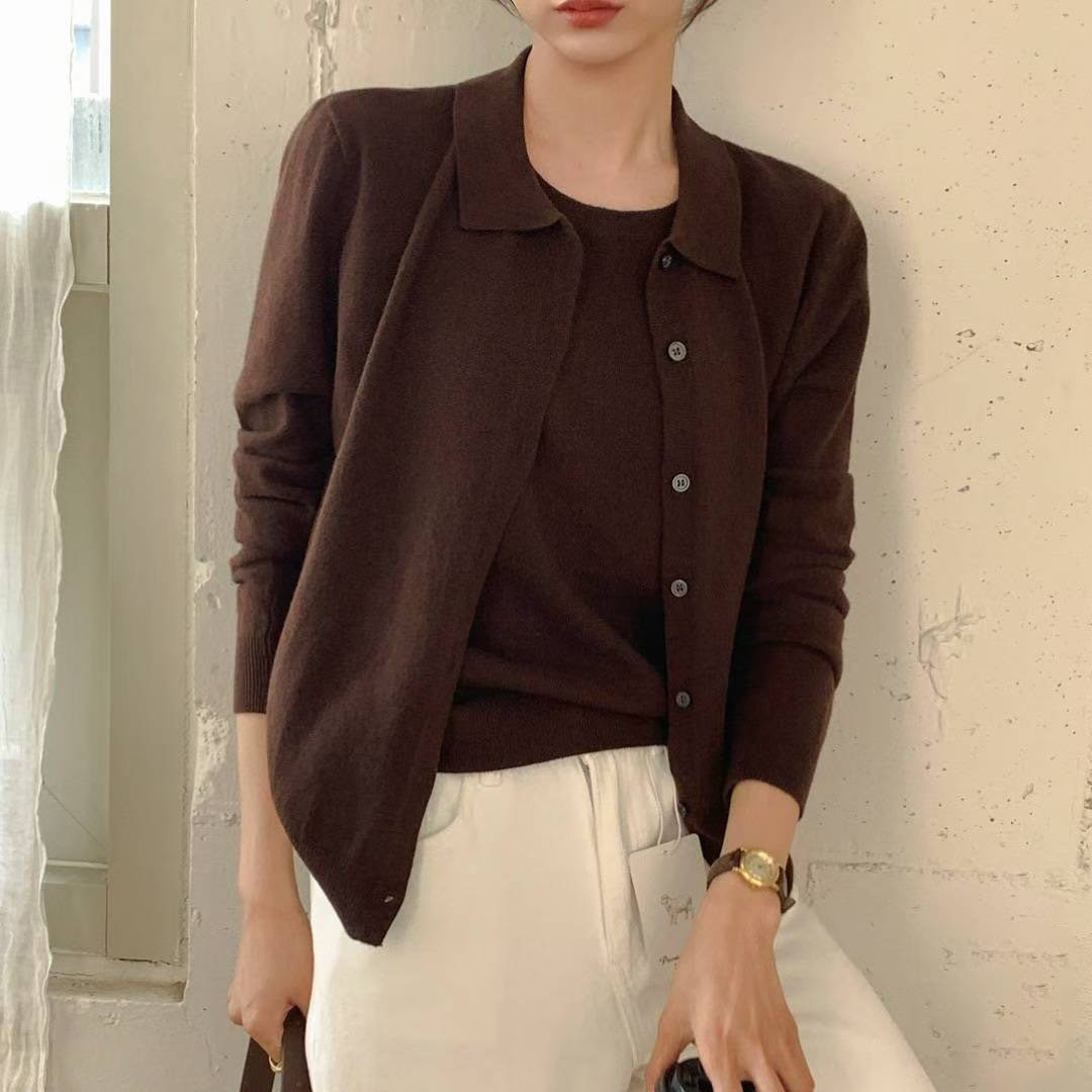 優雅感翻領排釦針織外套+背心SET / 3色