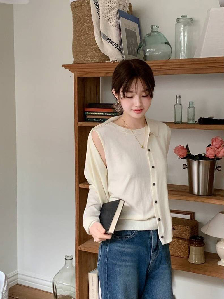 優雅感翻領排釦針織外套+背心SET / 3色