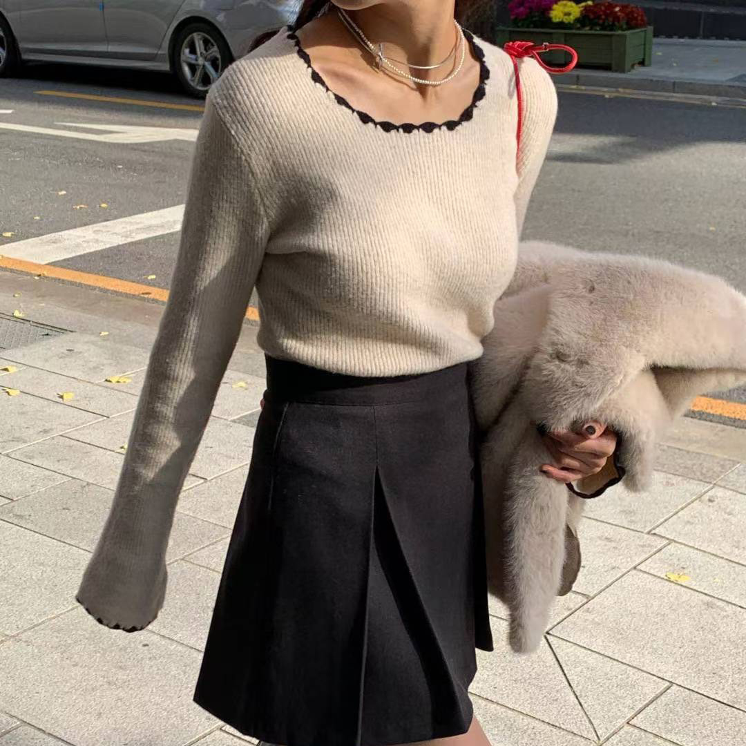 配色波浪滾邊圓領長袖針織上衣 / 3色