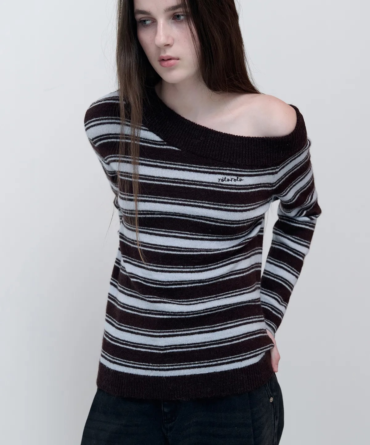 ROLAROLA UNBALANCED OFF SHOULDER STRIPE KNIT
