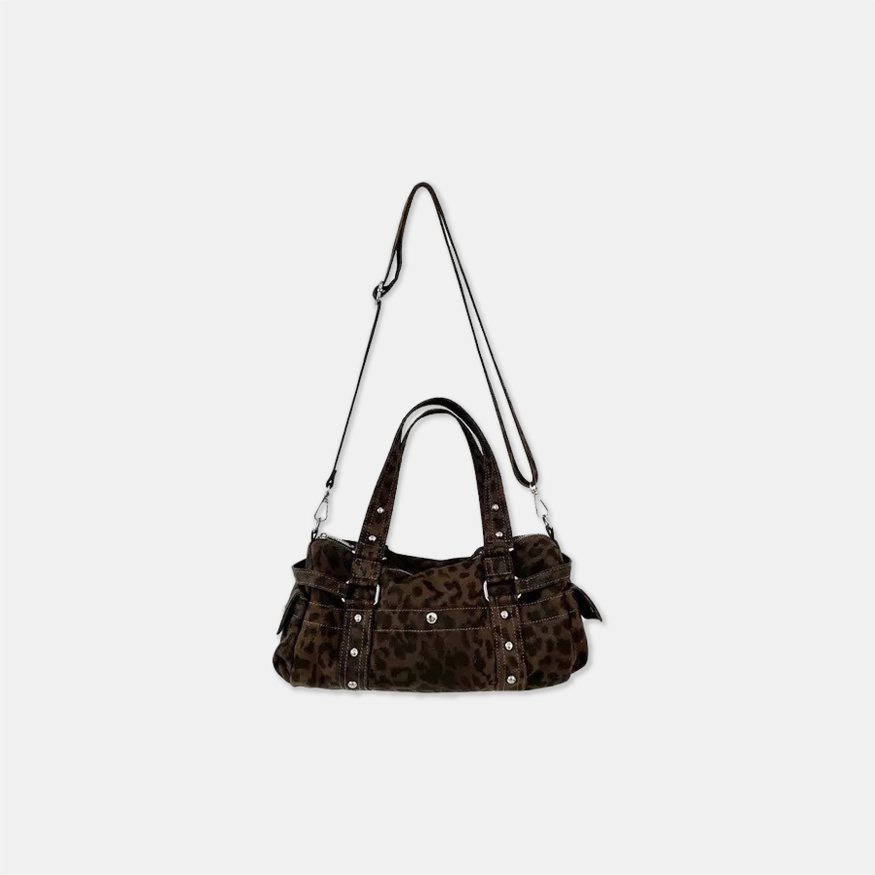 韓國 多用途 豹紋 鉚釘 圓筒 手提包 斜背包