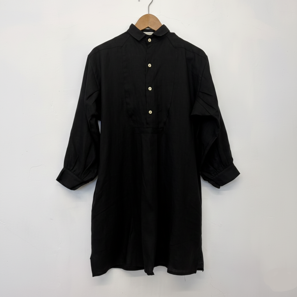 【預購】麻 法式工作服長袖洋裝 黑