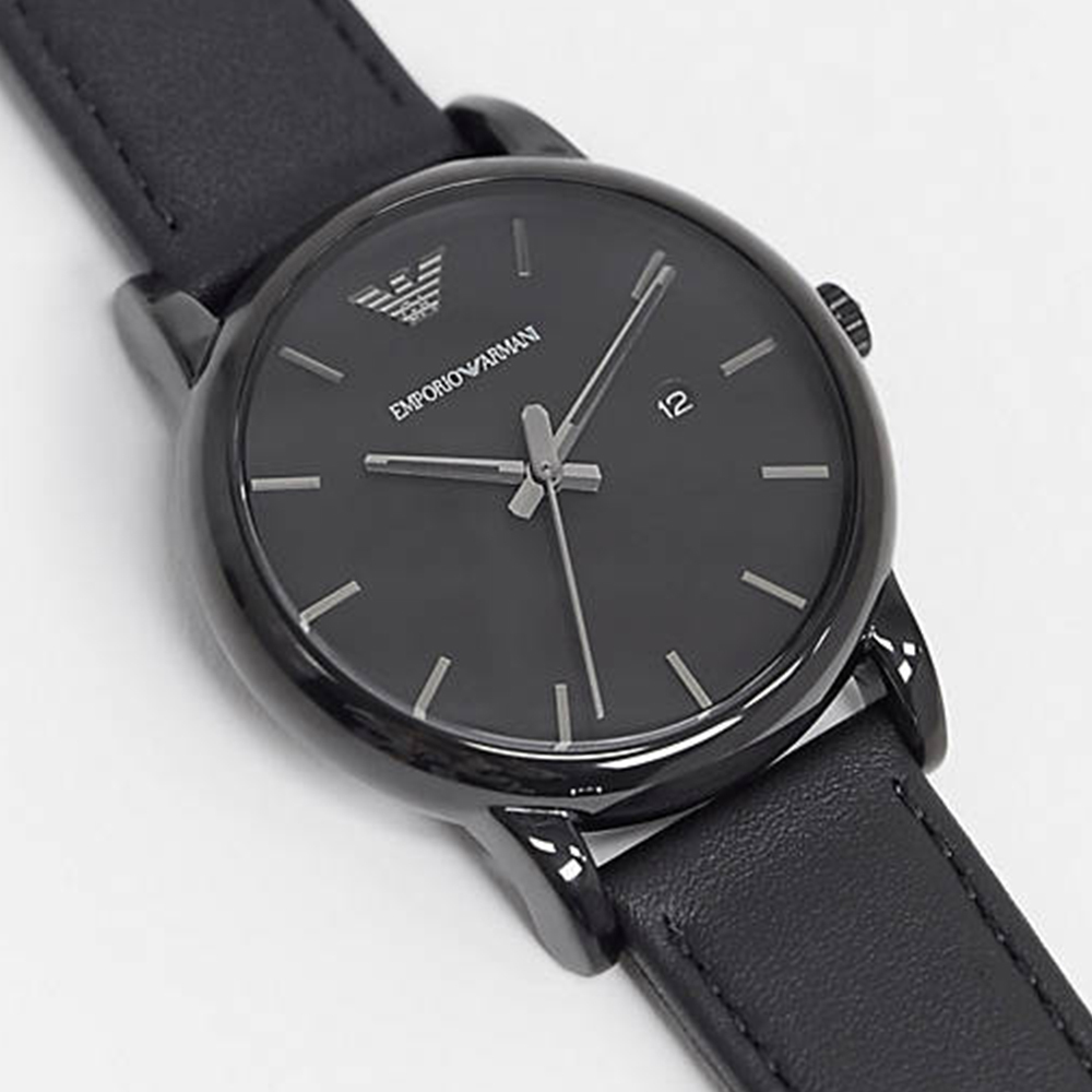 【Armani 亞曼尼】AR1732 簡約 質感 紳士 全黑 日期顯示 防水30米 皮革 石英錶
