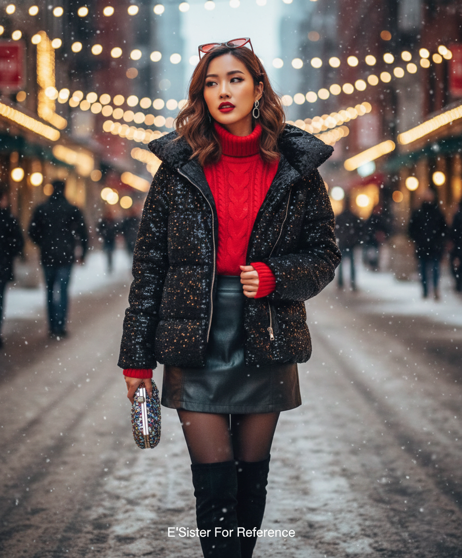 奢華亮片粗織紋連帽羽絨外套 C19