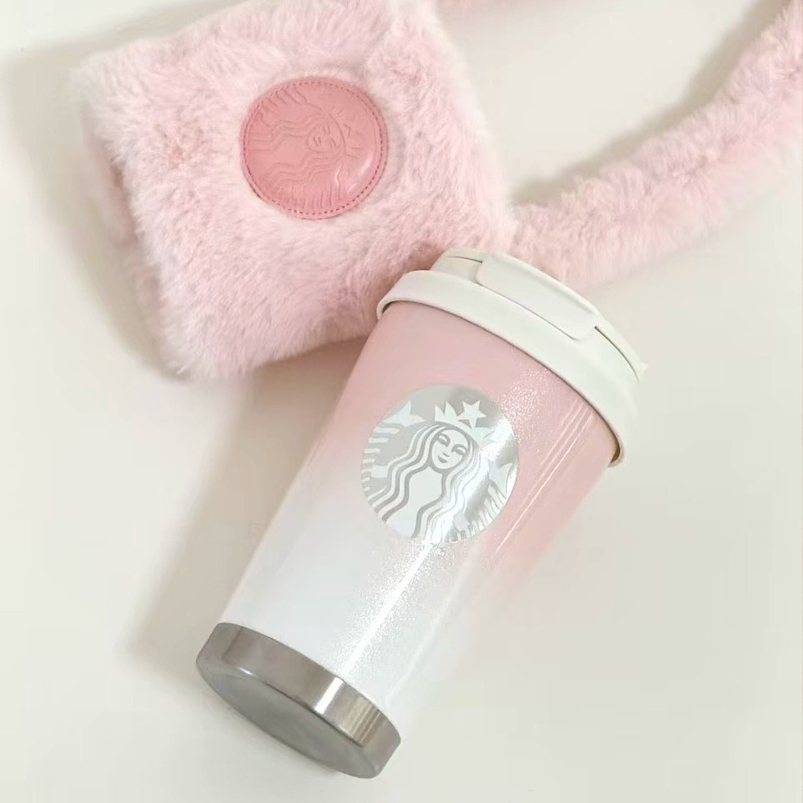 STARBUCKS 星巴克 漸變粉色 隨行杯 水杯 保溫杯 不鏽鋼杯 咖啡杯 簡約 時尚 毛絨 380ML 附毛絨杯袋