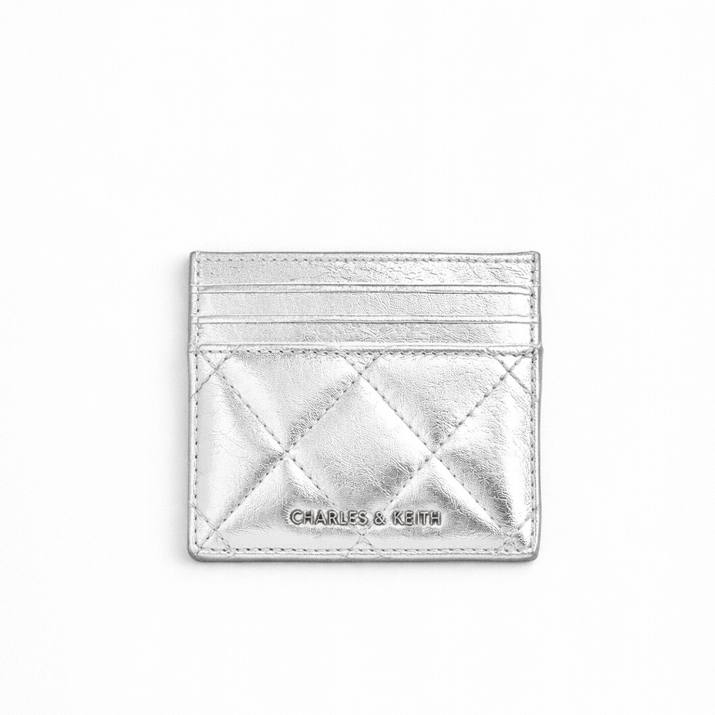 CHARLES & KEITH 小CK 冬季限定 縫菱格紋 卡夾 銀色