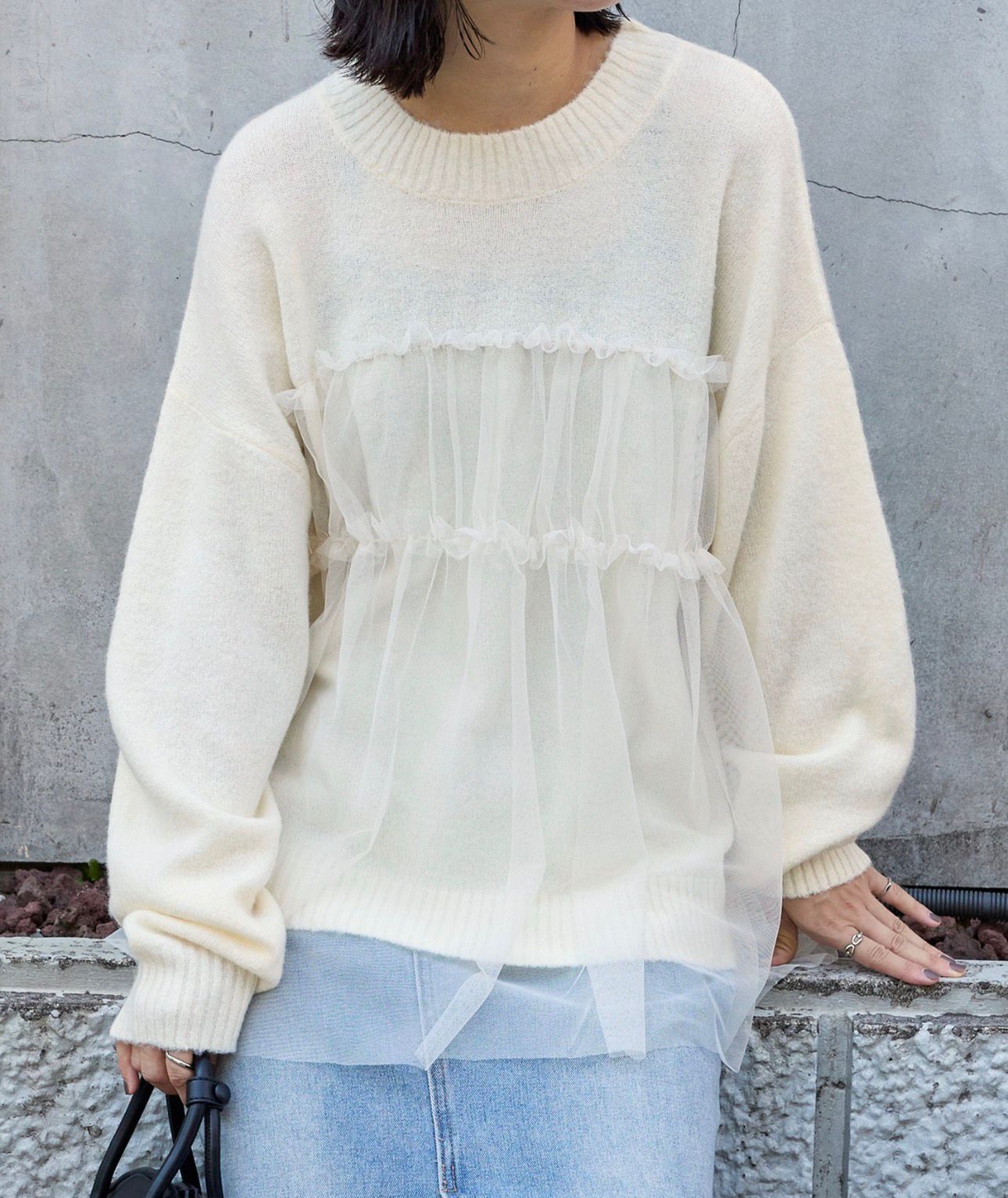 【預購】JN1219103 Mono-Mart 薄紗荷葉邊套頭針織上衣