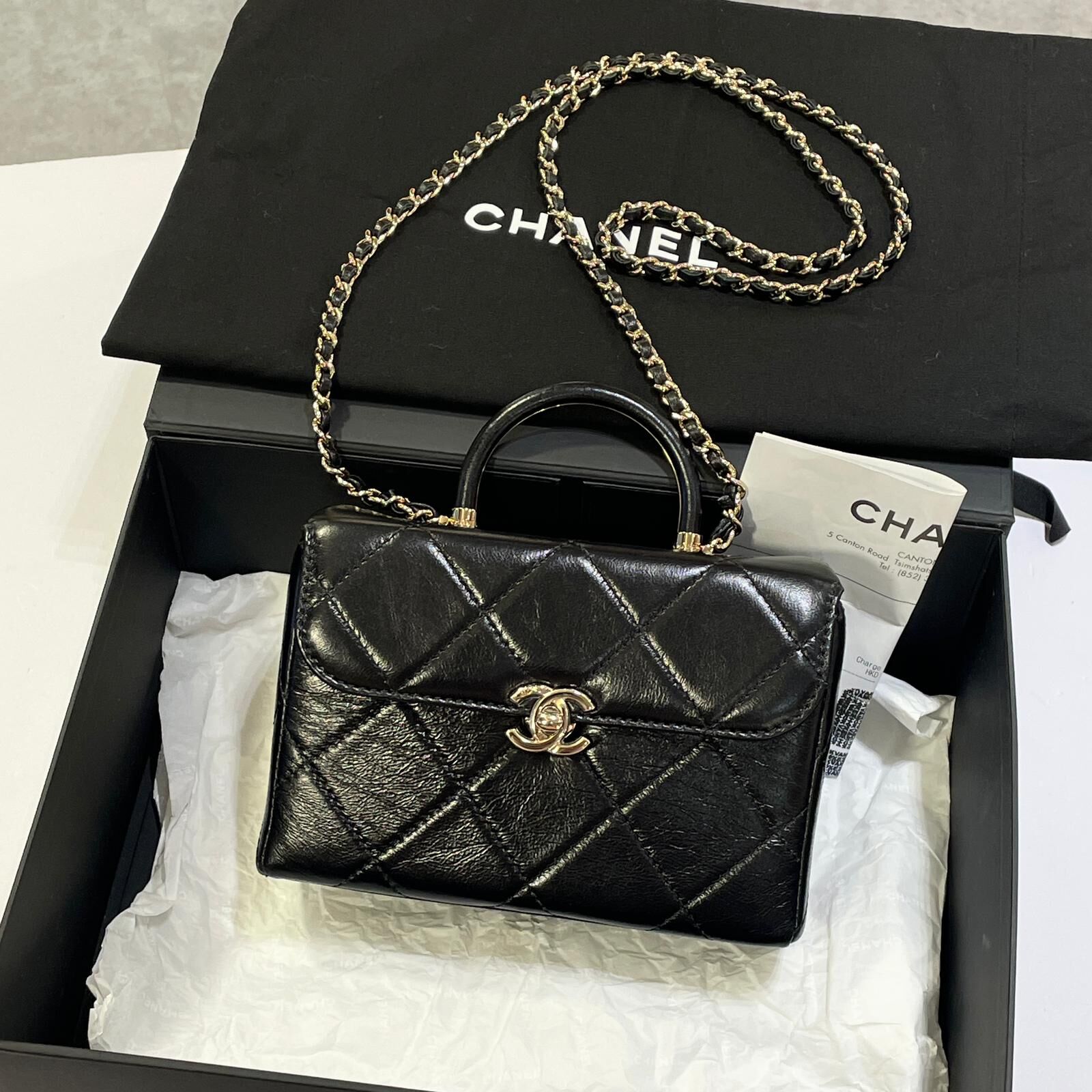 全新CHANEL斜背袋,AS4470,小號,盒仔包,晚裝袋,BAG,黑色,小牛皮手柄,淡金扣,#BRAND NEW #香榭站正品