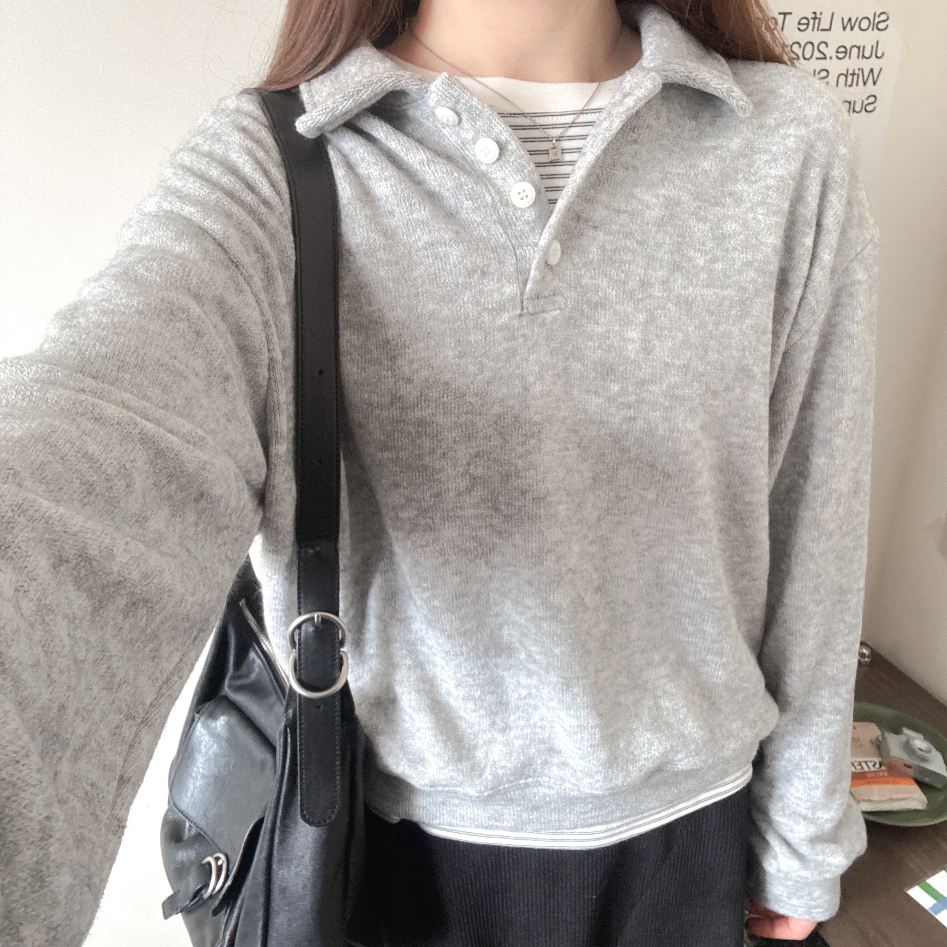 Polo領長袖針織上衣