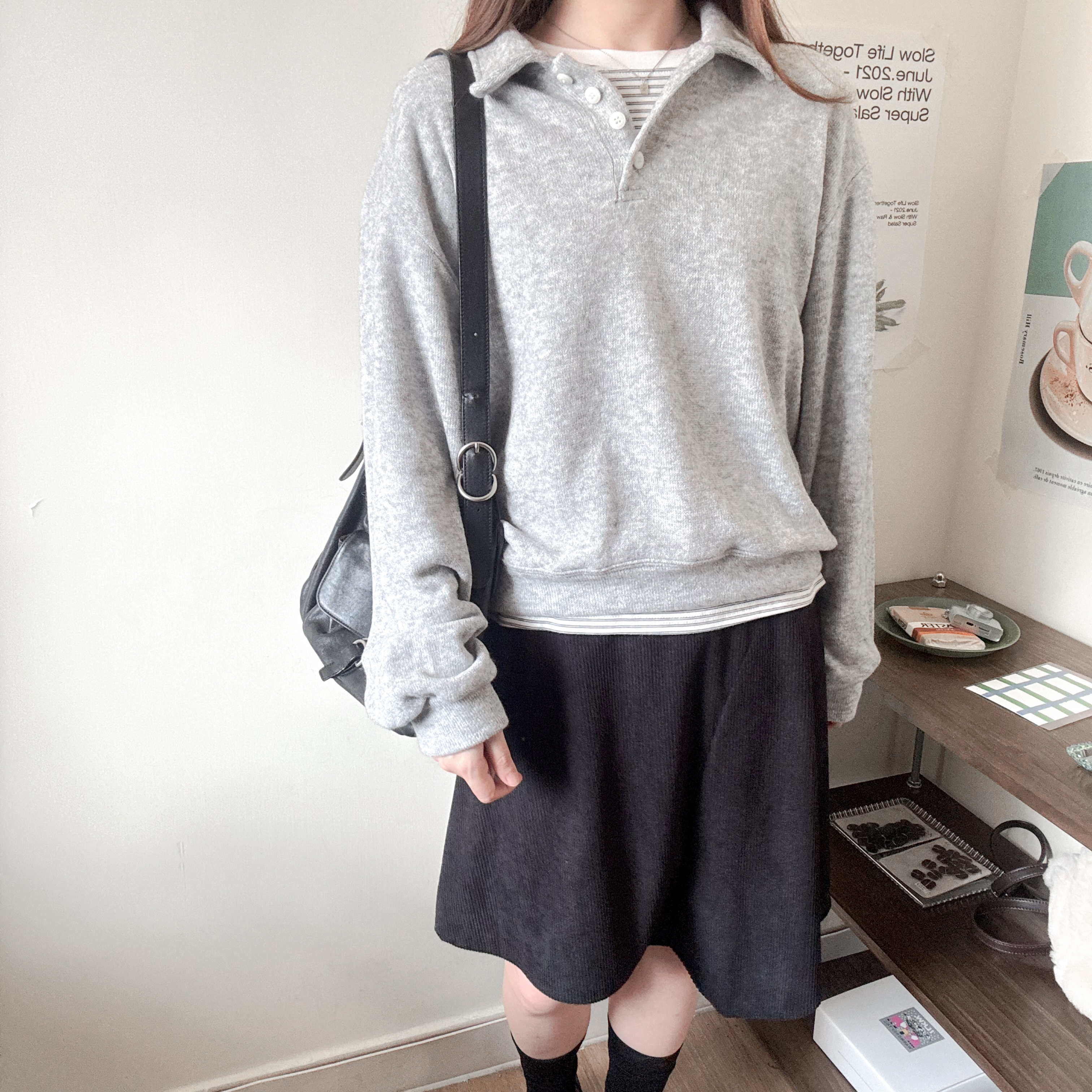 Polo領長袖針織上衣