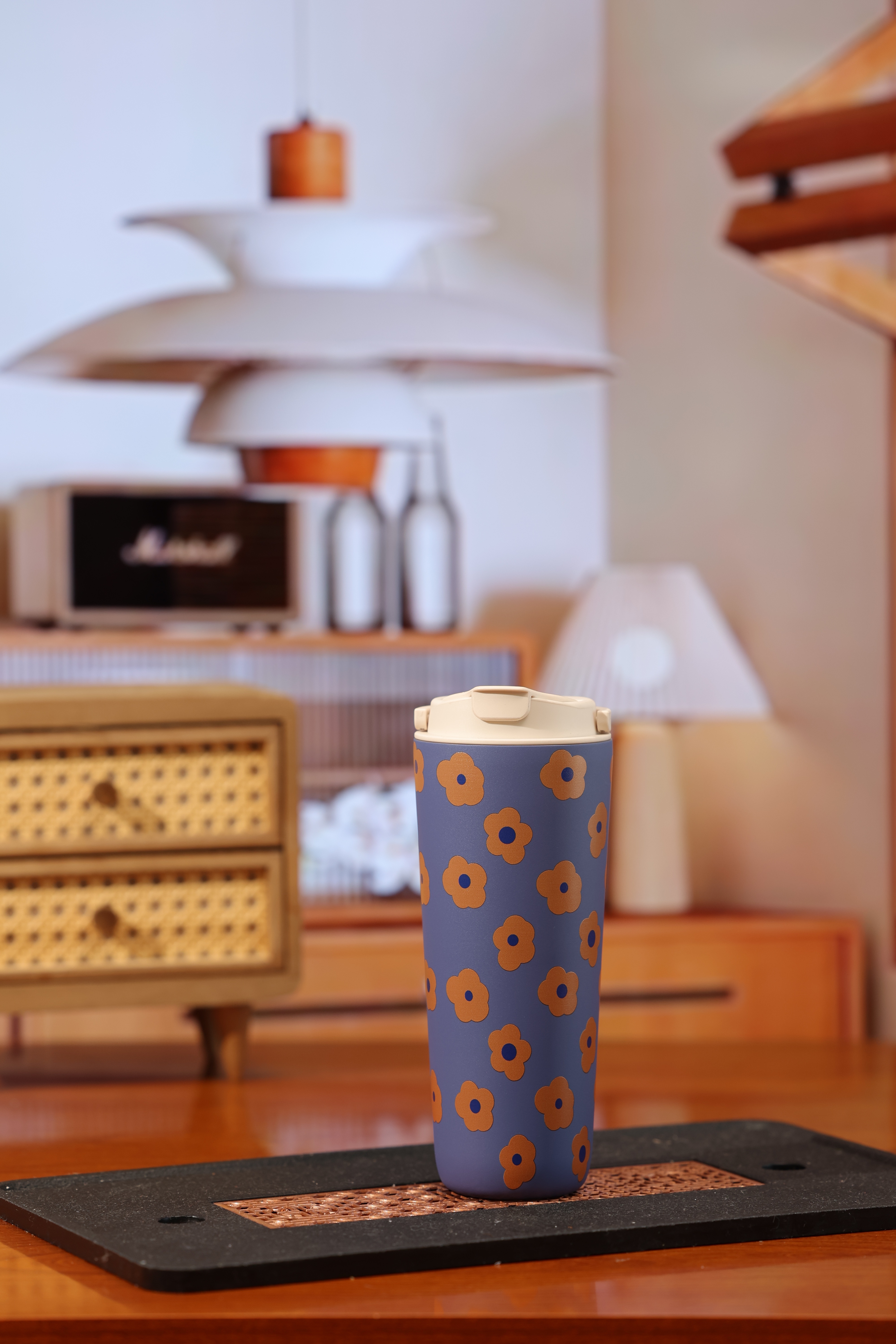 純鈦跳跳杯｜小花日和系列｜紺柿花Ｘ奶昔白蓋